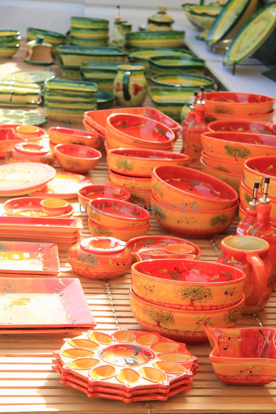 Pottery with traditional Provencal patterns at a market