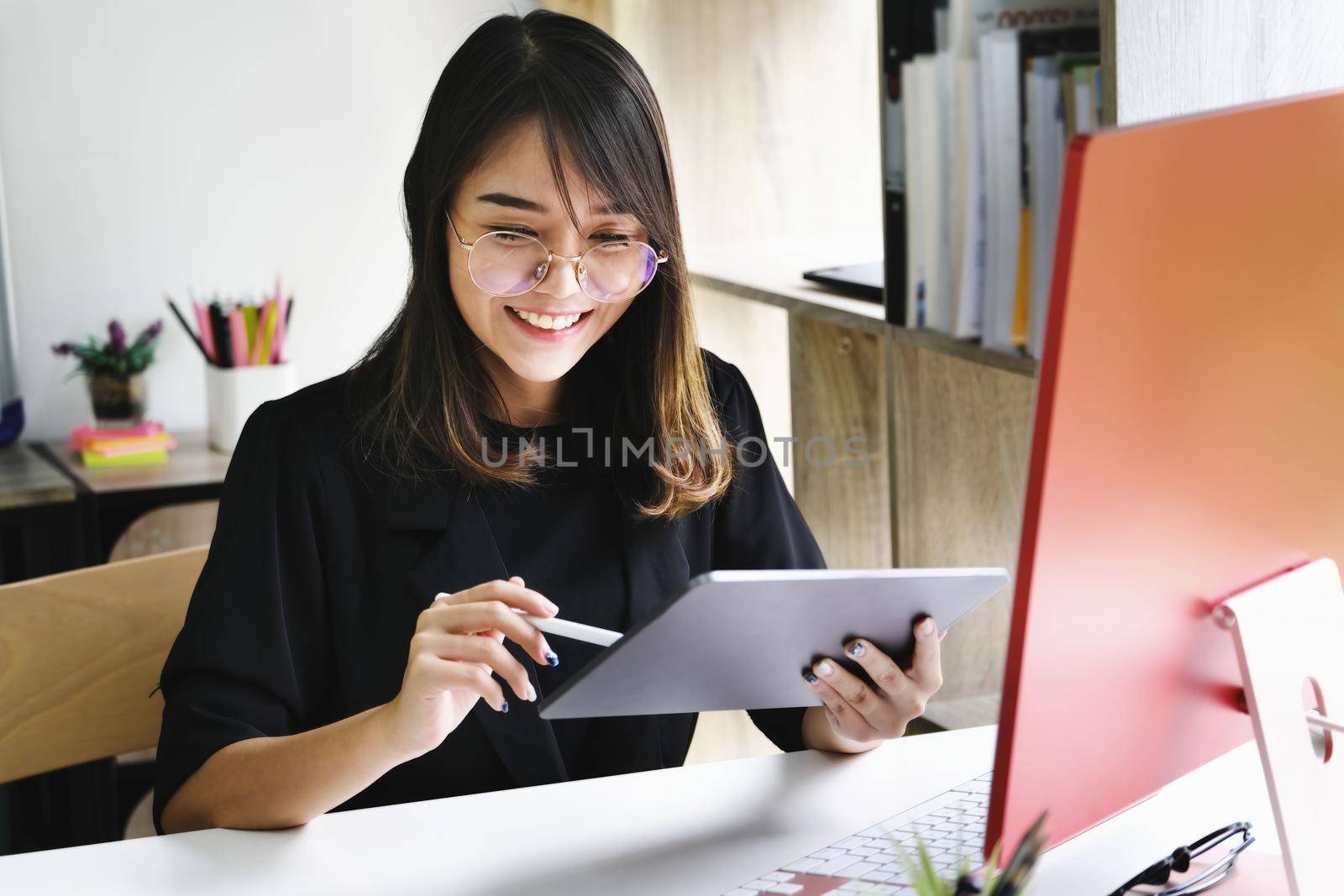 Work from home Company employees use their notebook and computers to work from home to prevent the corona virus from meeting outsiders