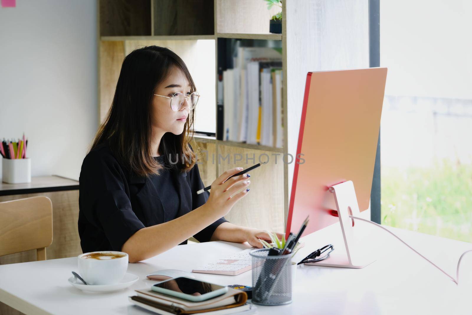 Work from home Company employees use their computers to work from home to prevent the corona virus from meeting outsiders. by Manastrong