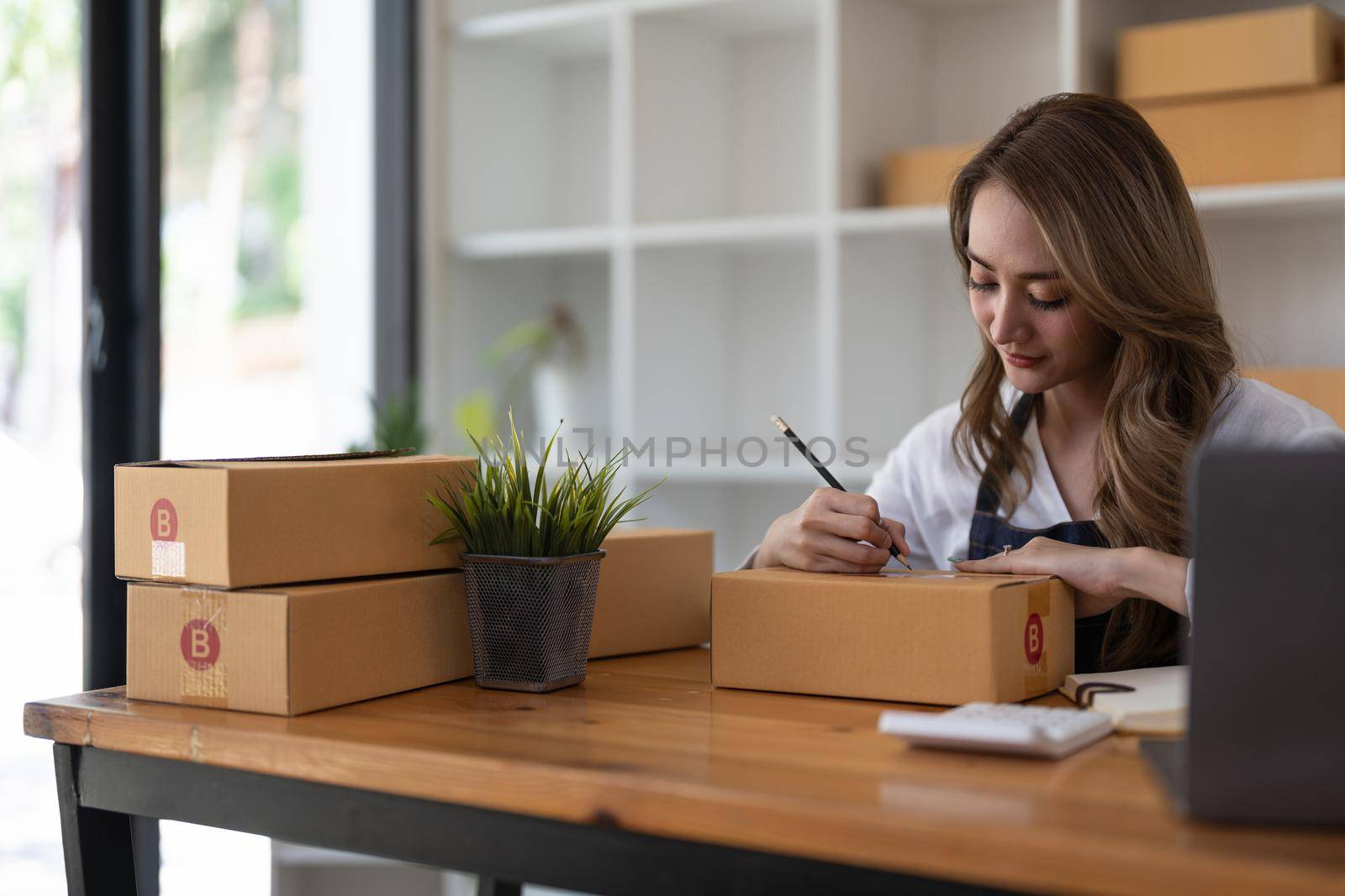 Starting Small business entrepreneur SME freelance, Portrait young woman working at home office, BOX, smartphone, laptop, online, marketing, packaging, delivery, b2b, SME, e-commerce concept.. by nateemee
