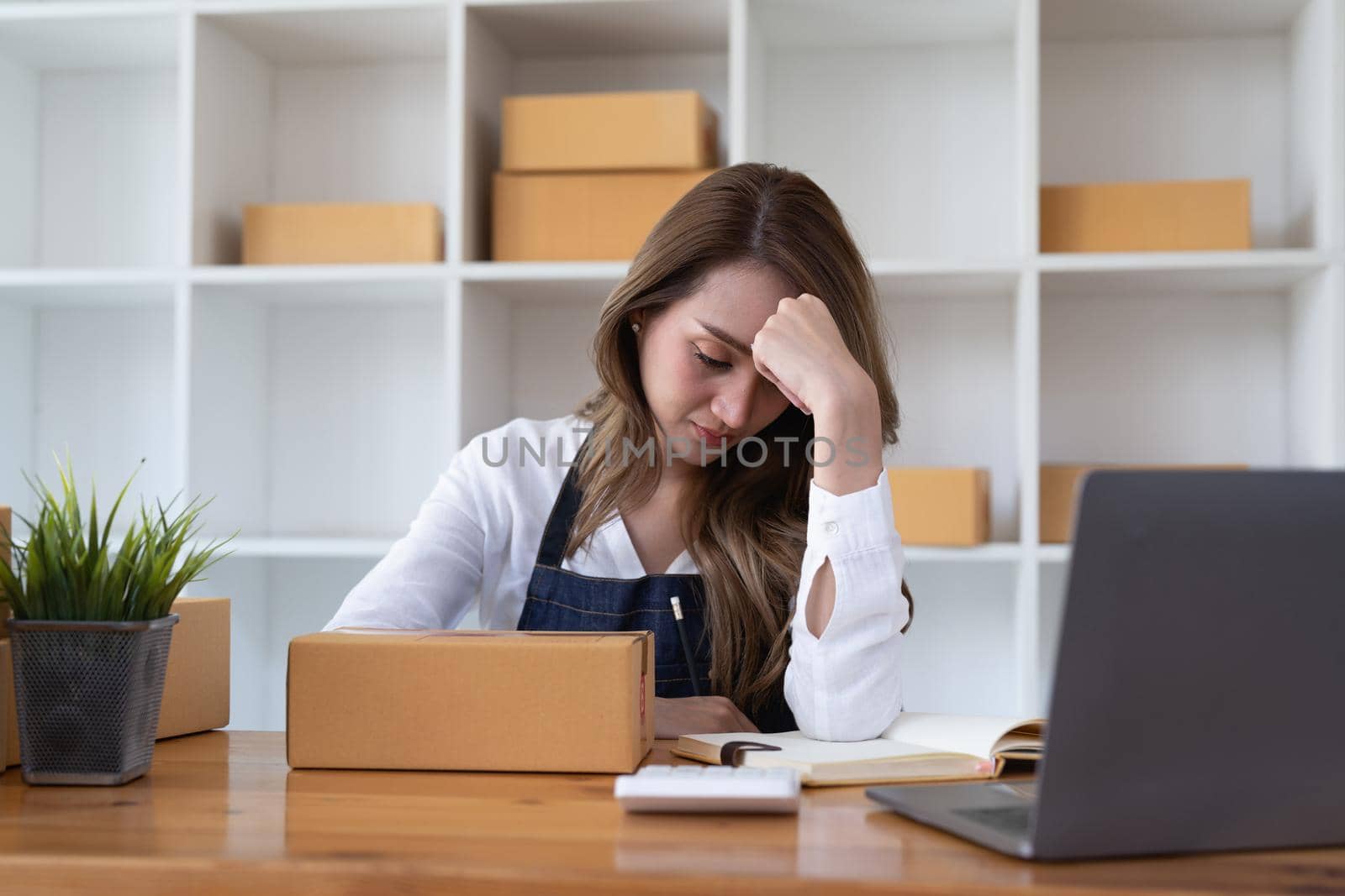 Portrait of a Startup, Small Business, SME Owner, Female Entrepreneur Stressed about falling sales work on parcel boxes Order receipts and checks online. Online SME business concept