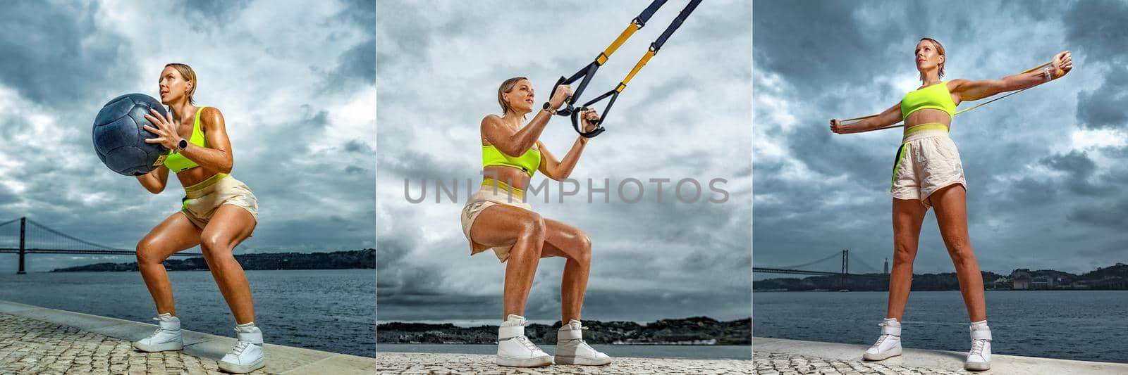 Sports Collage. Woman in fitness wear doing workout with a heavy medicine ball, trx and bands outdoors. Sporty girl with fit body in sportswear posing on sky background. by MikeOrlov