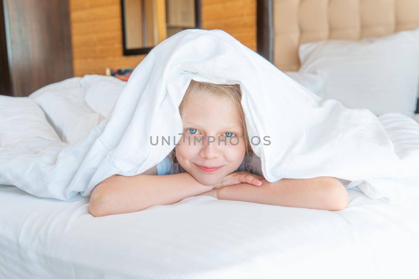 Over pain head girl sleep blanket phone young bed eyes, concept morning white for dream for home nap, comfortable healthy. Beauty serene relaxing,