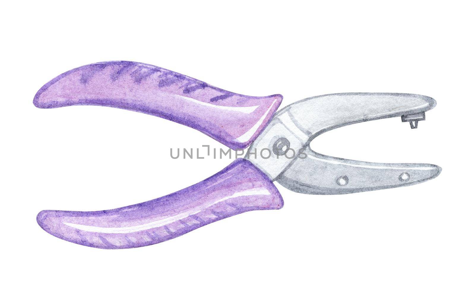 watercolor hole puncher for paper isolated on white background. Scrapbook supplies. Purple pliers for crafters