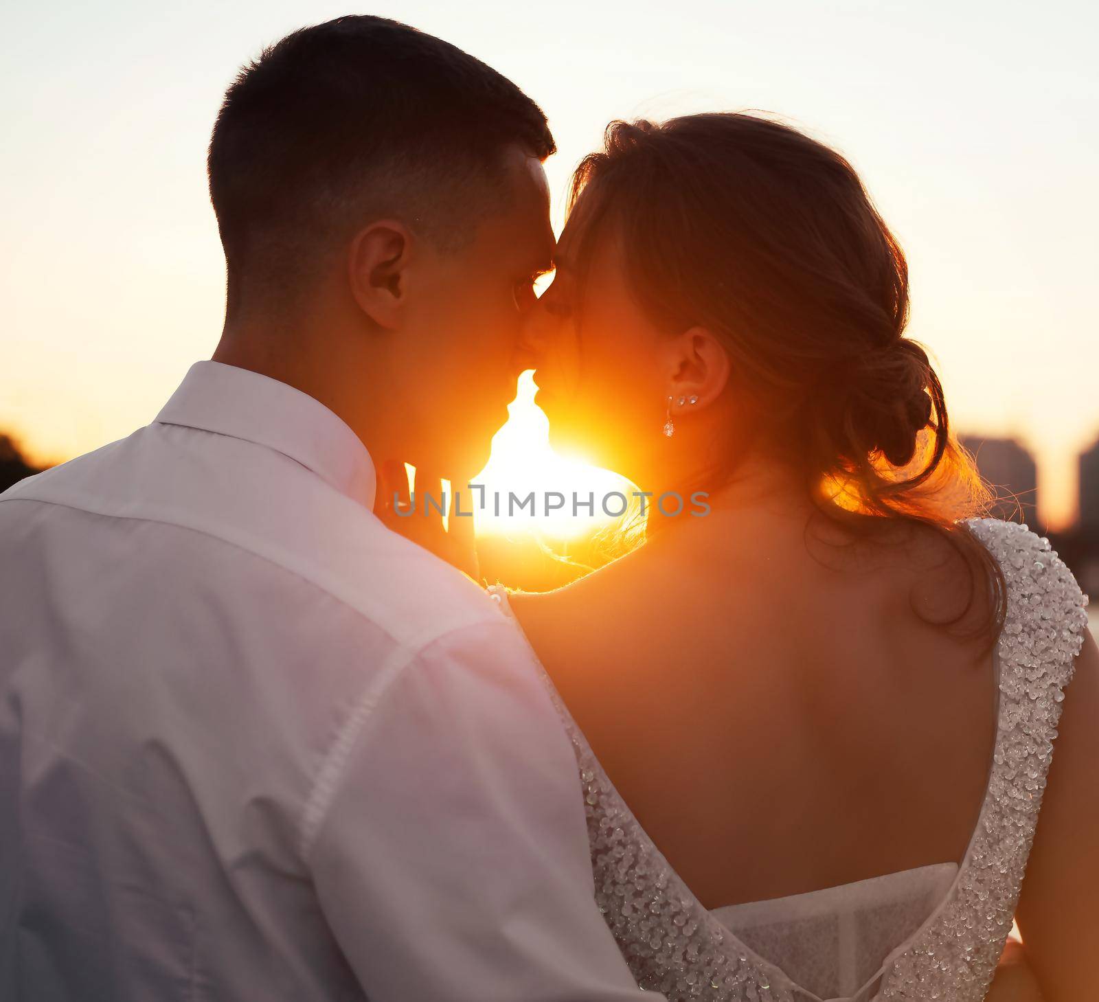 A kiss of the bride and groom at sunset. Wedding article. A happy couple. Love. Photos for printed products. by alenka2194