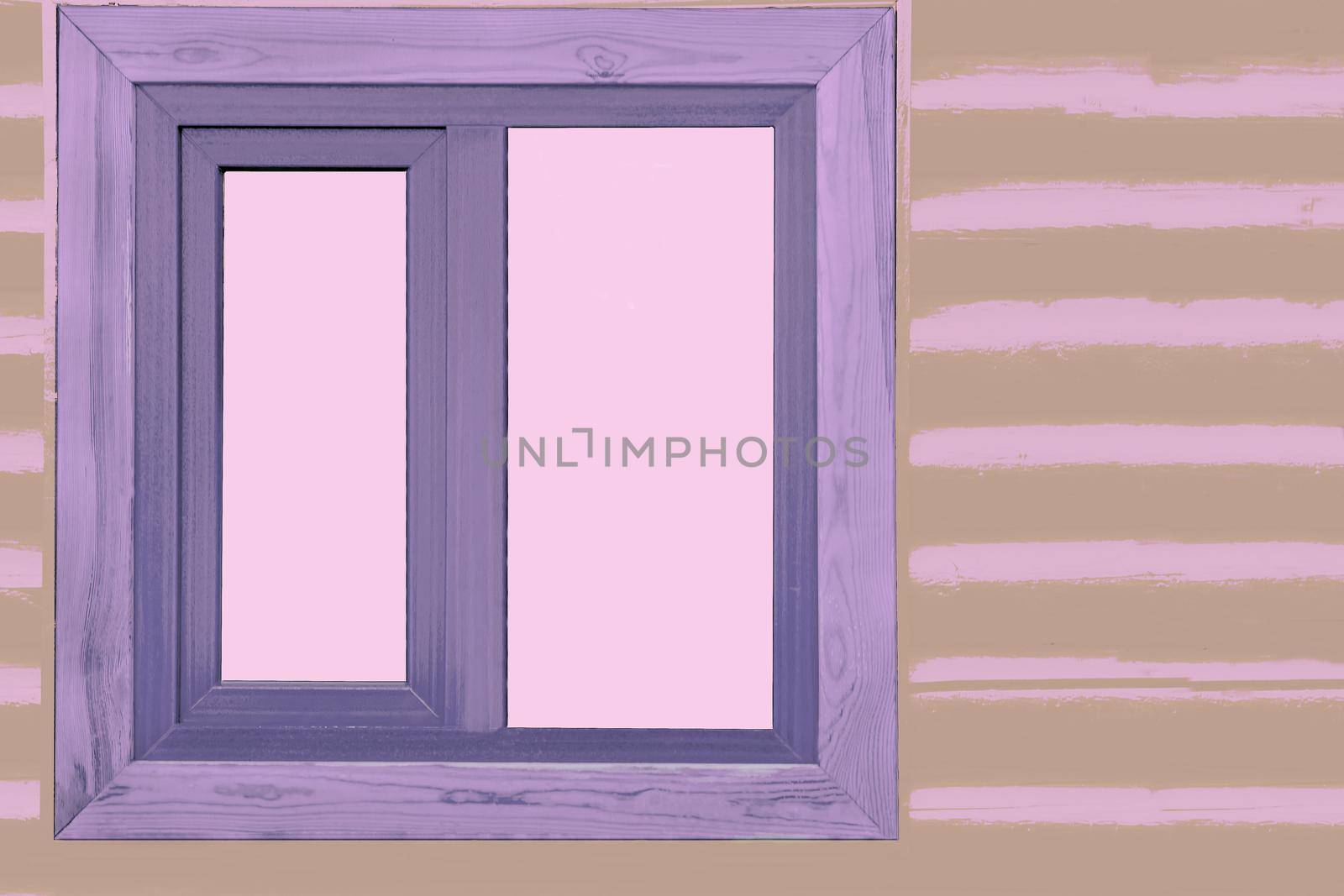 Pink window in a wooden lilac frame in a wooden wall of pink brown logs timbers. by jovani68