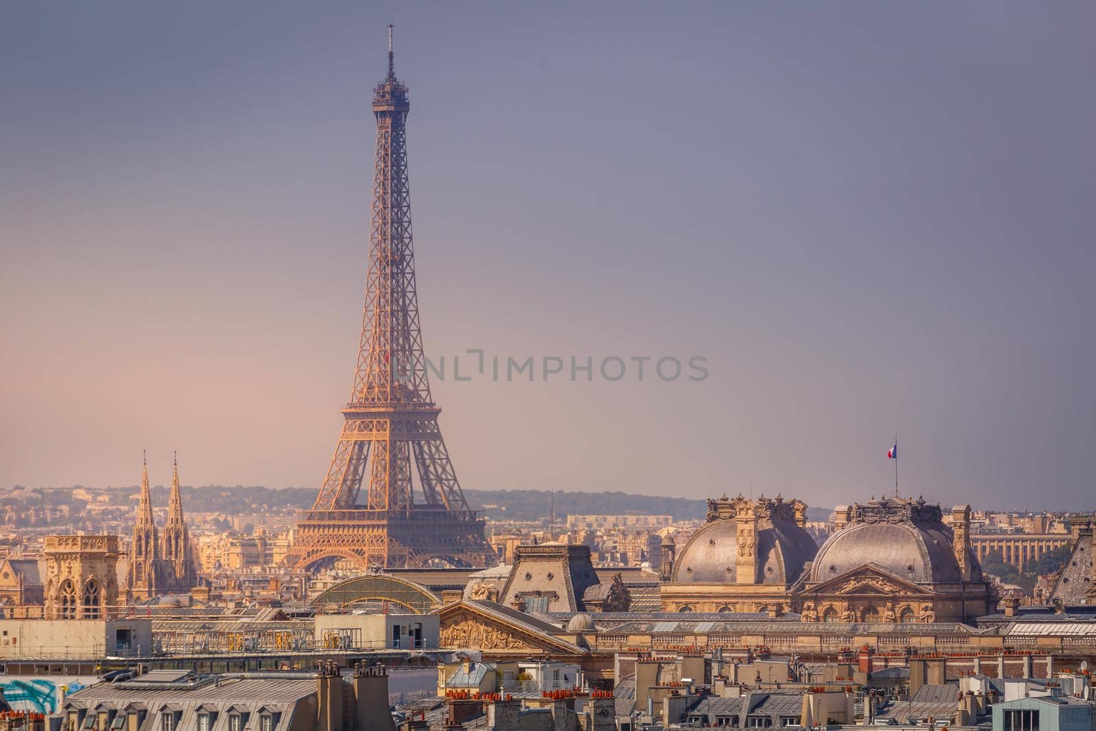 Eiffel tower and parisian roofs at clear sky Paris, France