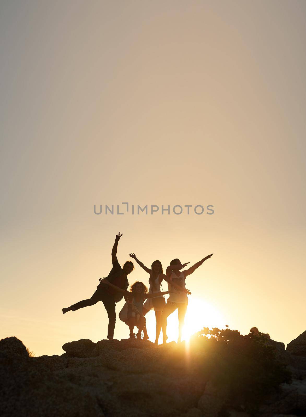 Group of friends posing standing on rocks at sunset having fun summer vacation lifestyle celebrating friendship.