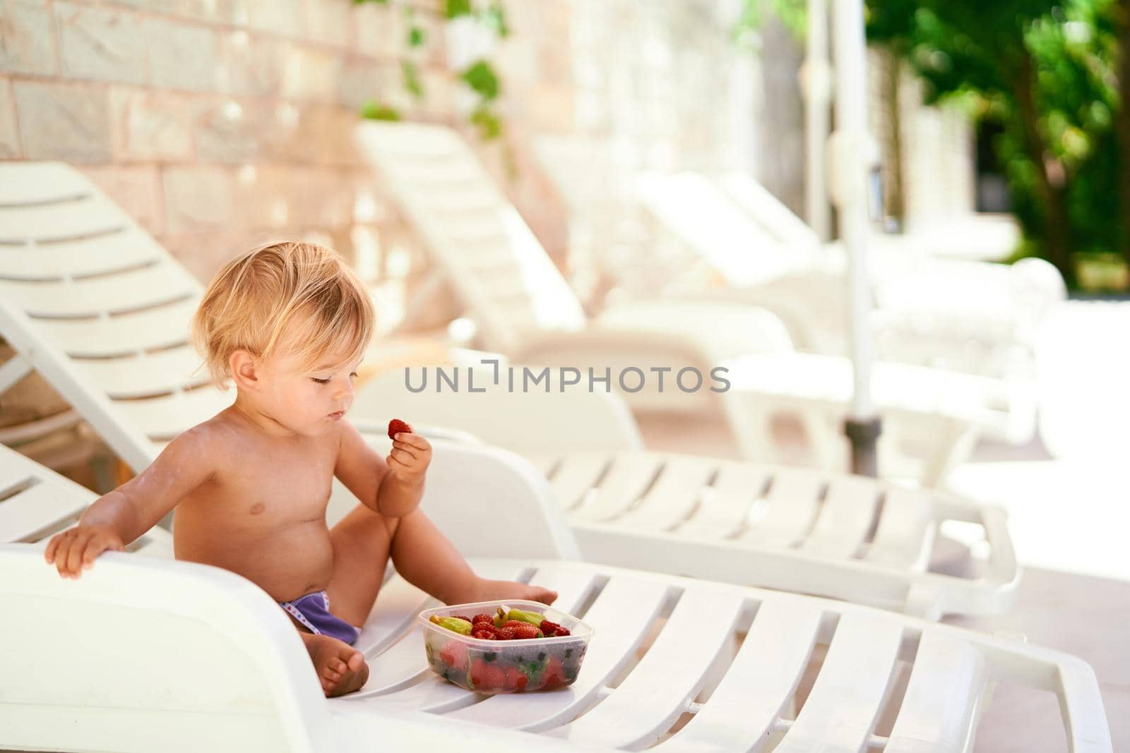 Little girl takes a strawberry from a fruit box while sitting on a sun lounger in the shade by Nadtochiy