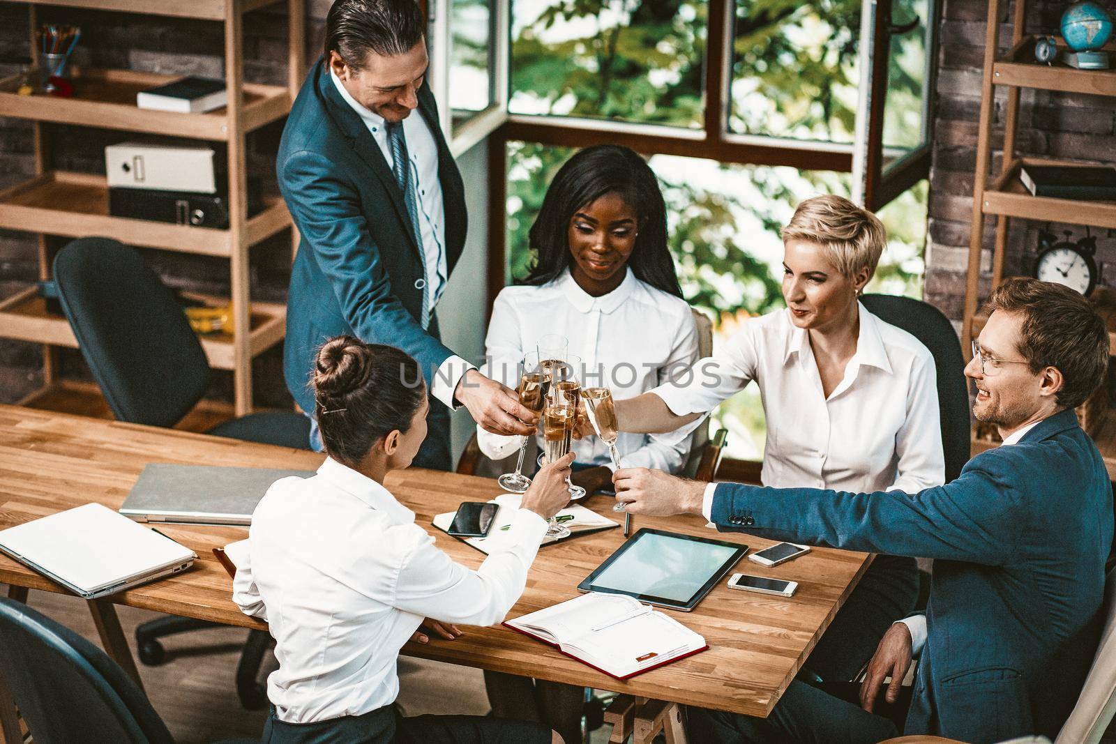 Business People Clinking Glasses Of Champagne, Multi-Ethnic Business Team Celebrating New Project With Champagne In Office, Corporate Celebration Concept, Toned Image