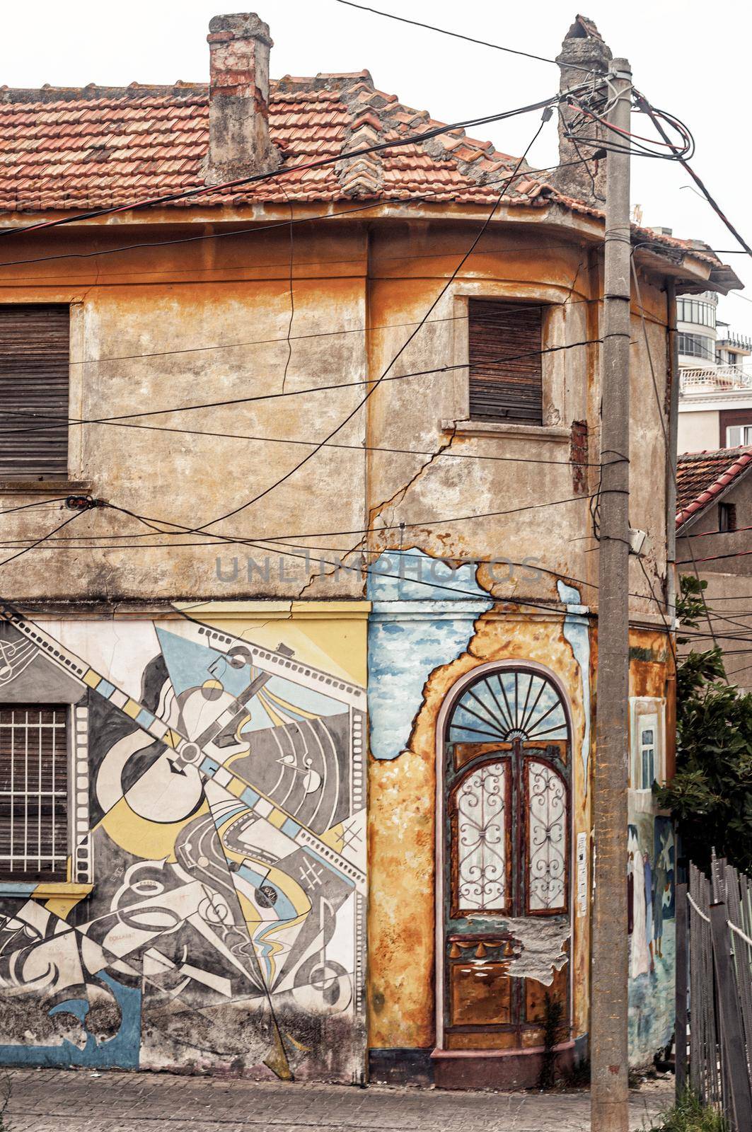 Durres Albania - 2 september 2019: old semy ruine house with Graffiti in center of Durres