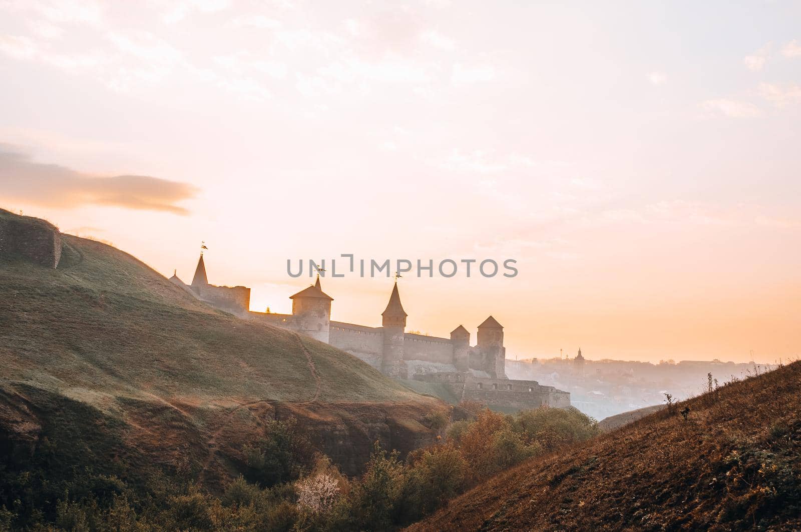 Ukraine Kamyanets Podilsk April 5 2018: Sunrise Kamyanets-Podilskiy fortress