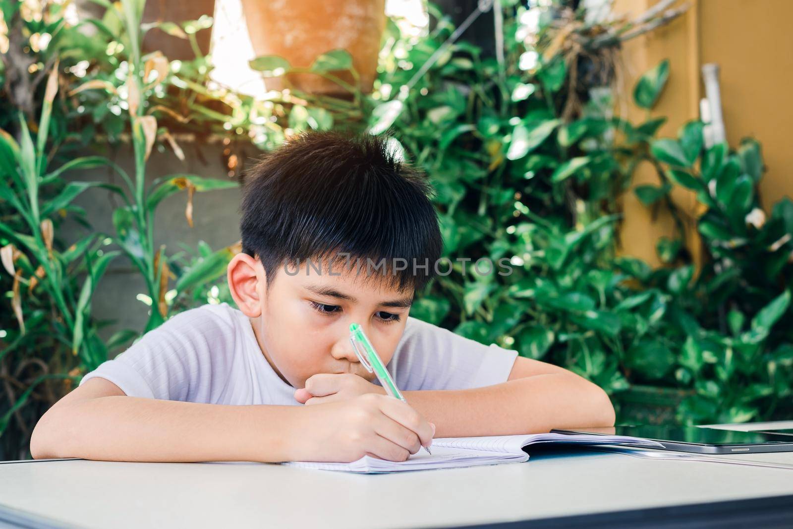 Cute Asian teenage doing his homework using a pen to write on a book.