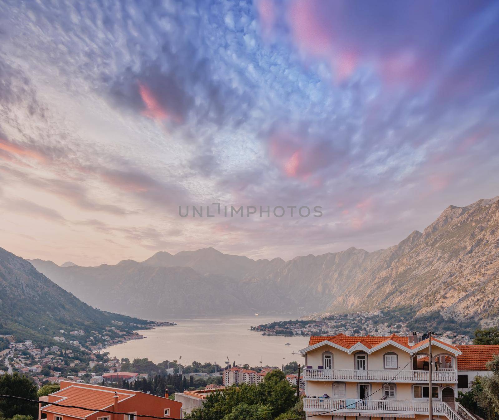 Sunset at Kotor Bay Montenegro. Sunset beautiful landscape. Travel concept. Montenegro, Kotor Bay. View of the sunset in Boko-Kotor Bay in Montenegro. by Andrii_Ko