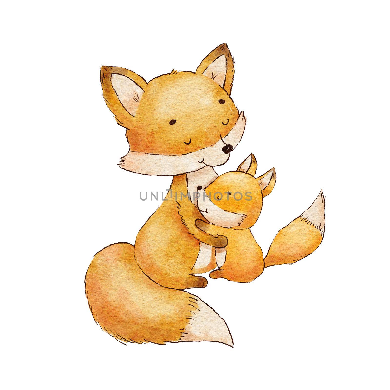 Cute baby fox and mother characters. Watercolor childish illustration isolated on white. Woodland animal mom and kid by ElenaPlatova