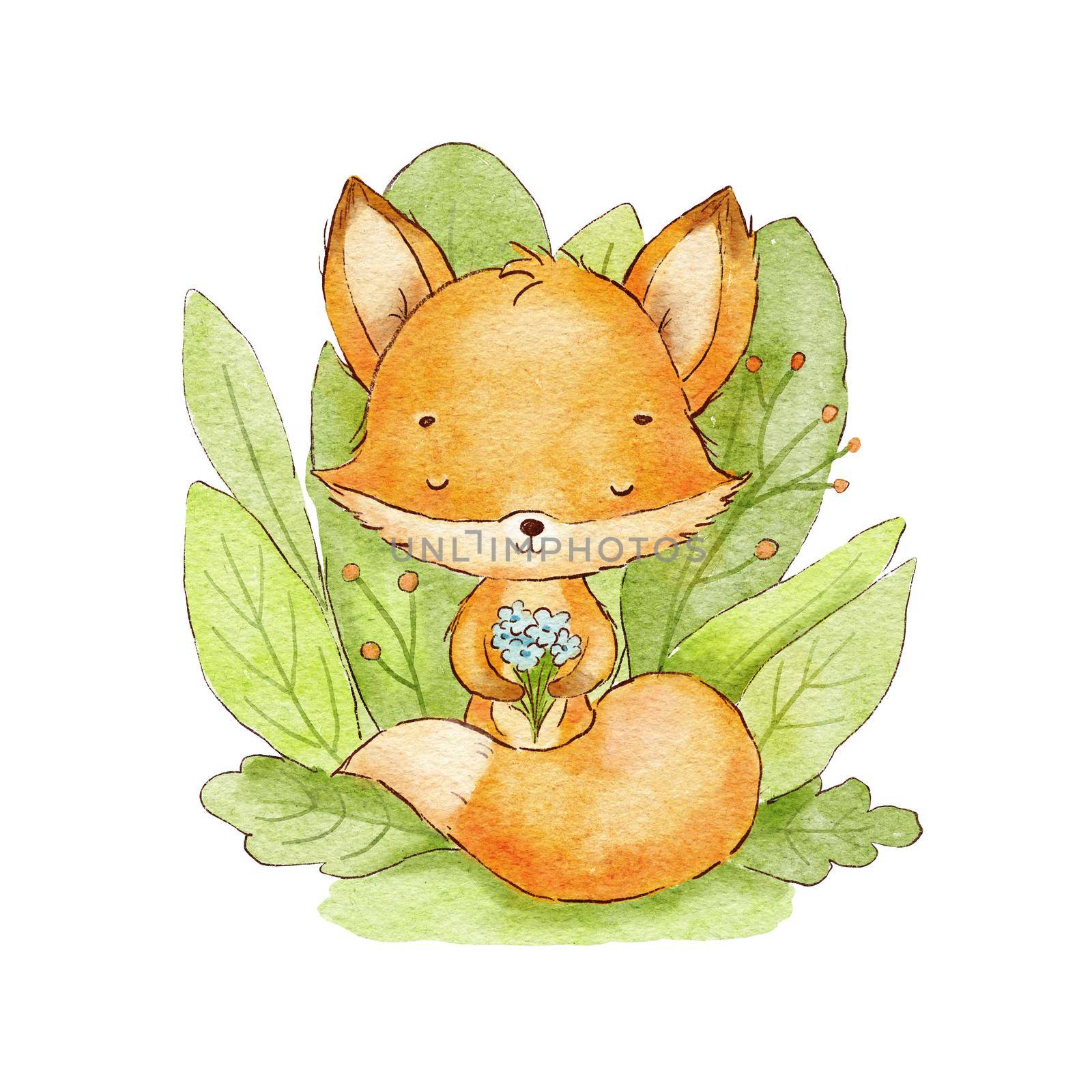 Cute baby fox with flowers. Watercolor childish illustration isolated on white. Woodland animal