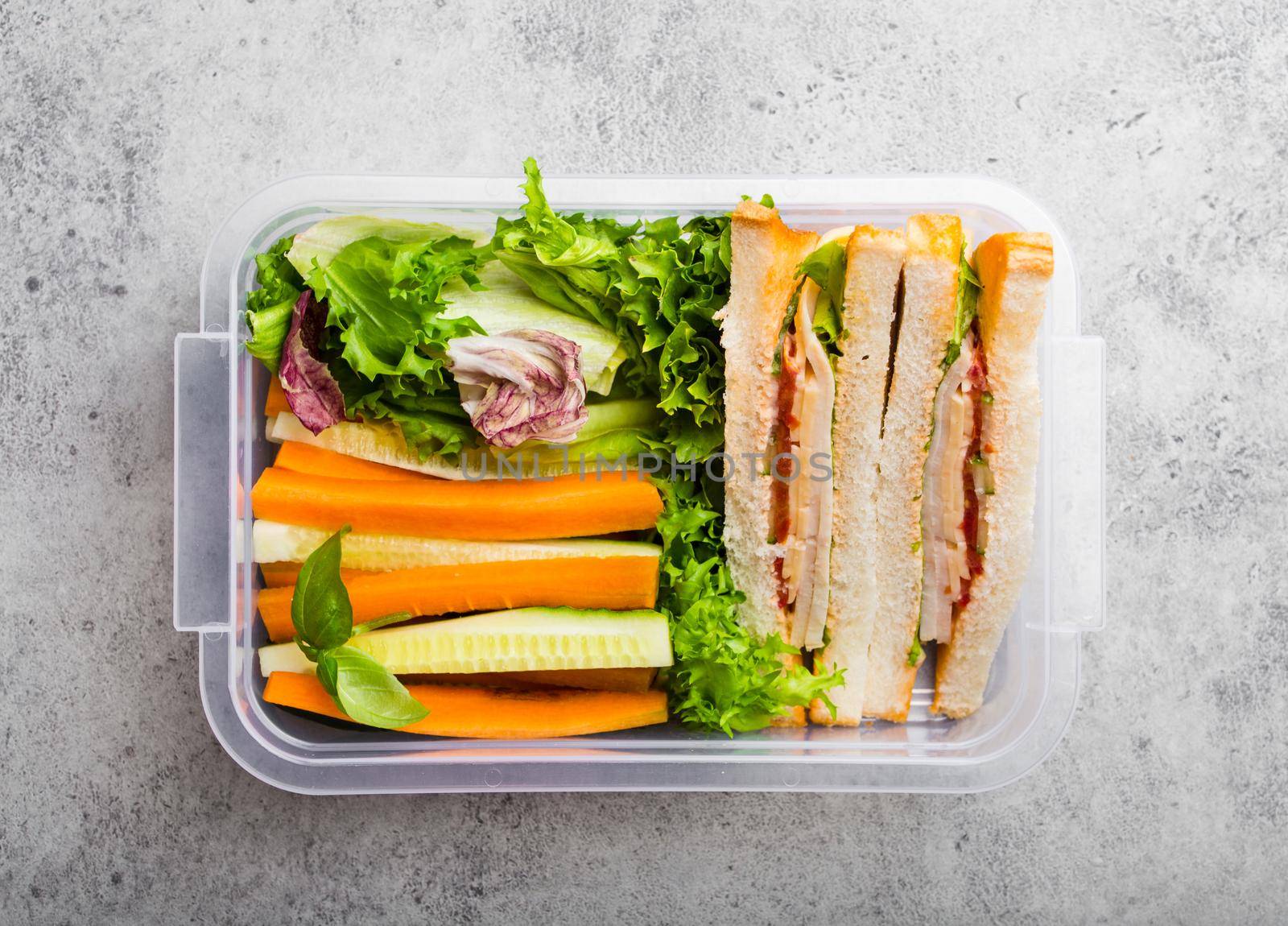 A lunchbox for office or school with healthy food: sandwiches, carrot and cucumber sticks, fresh green salad. Preparation and packaging of meal made in advance to support a balanced lifestyle or diet