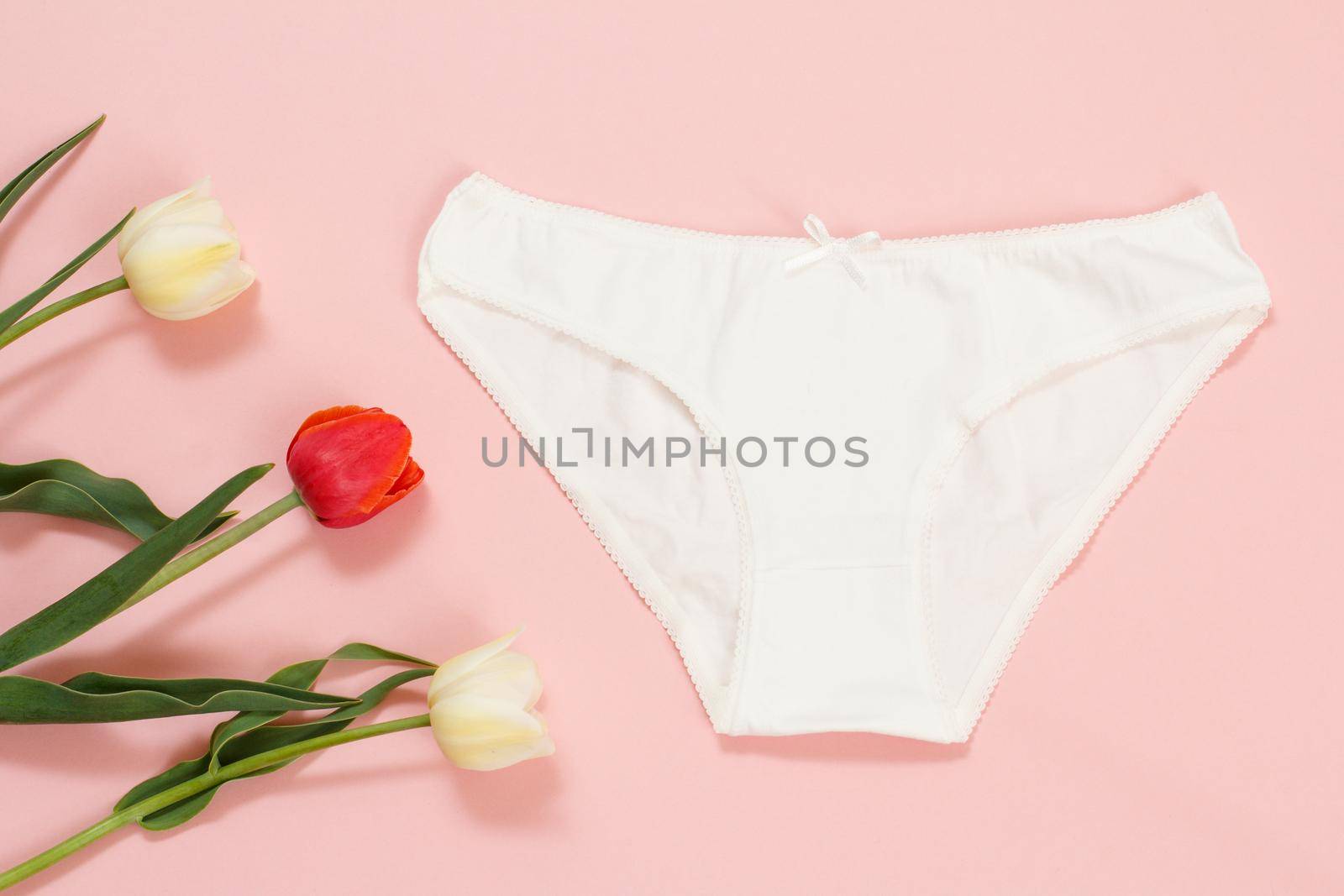 White cotton panties with tulip flowers on a pink background. Woman underwear set. Top view.