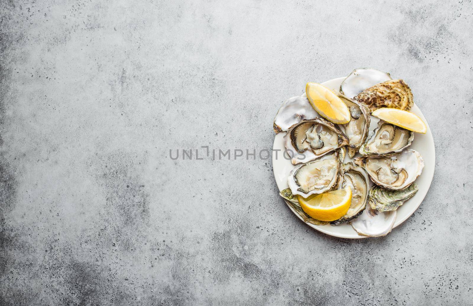 Close-up of half dozen of fresh opened oysters and shells with lemon wedges on a plate, top view, grey rustic concrete background, space for text. Delicacy oysters for snack, lunch .