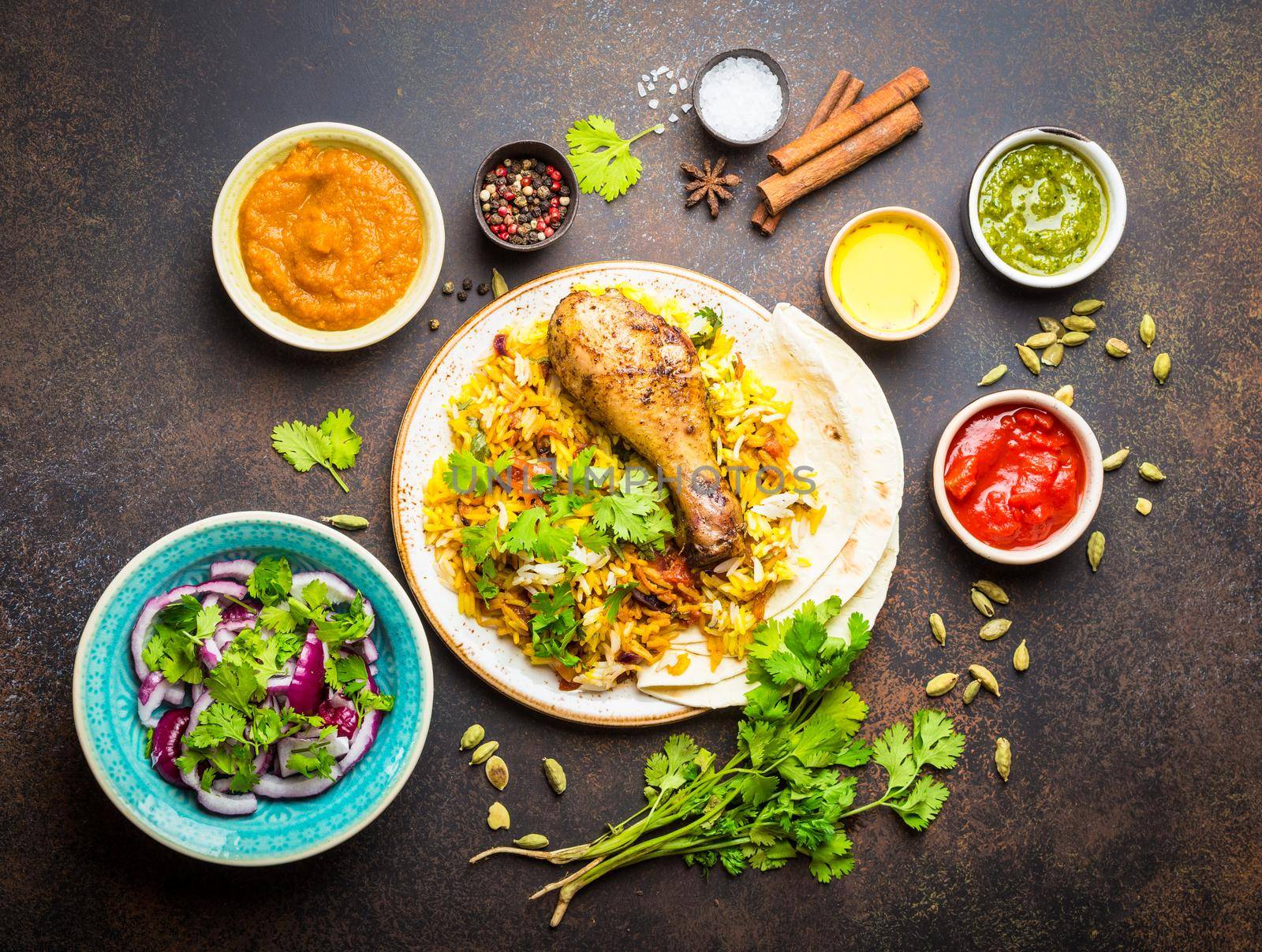 Assorted traditional Indian dishes, a top view of biryani chicken with basmati rice, naan bread, different appetizers, dips and chutney, on rustic stone background. Indian style dinner, party food.