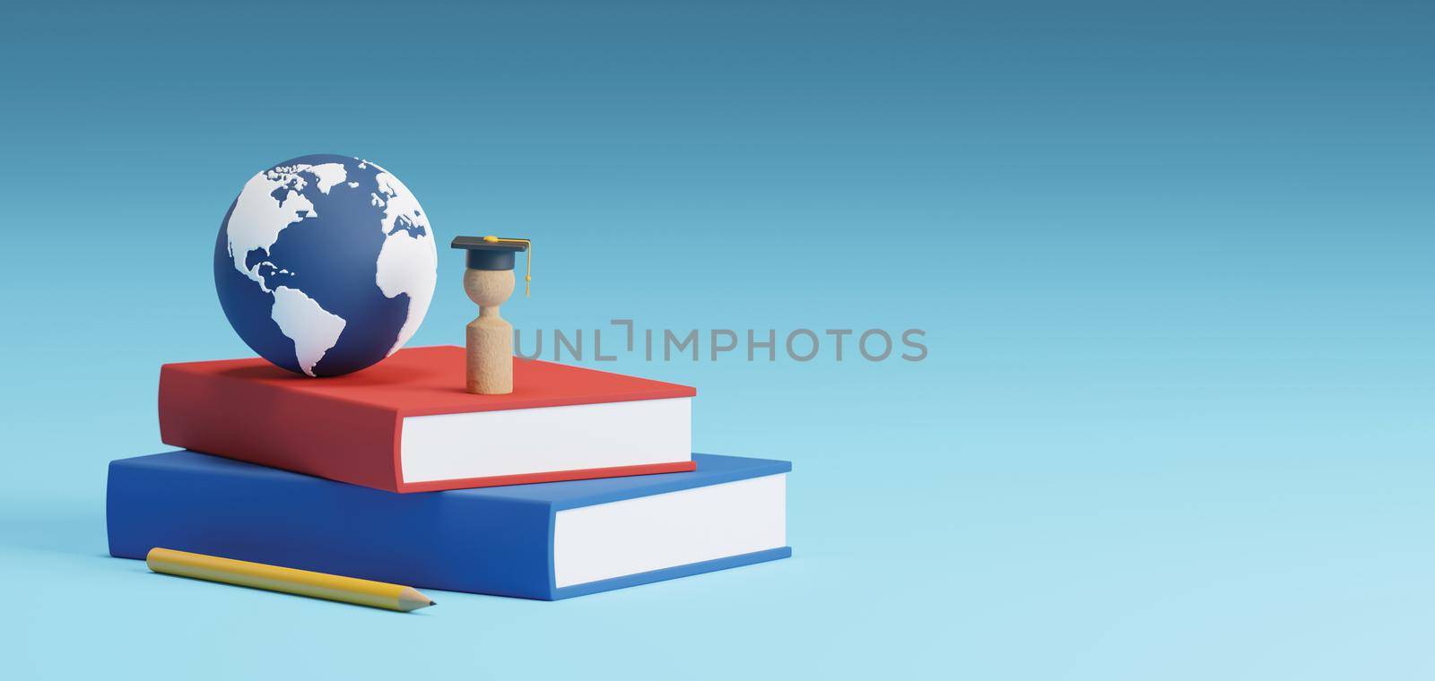 Study abroad banner concept design of wooden people with graduation cap and world on books 3D render