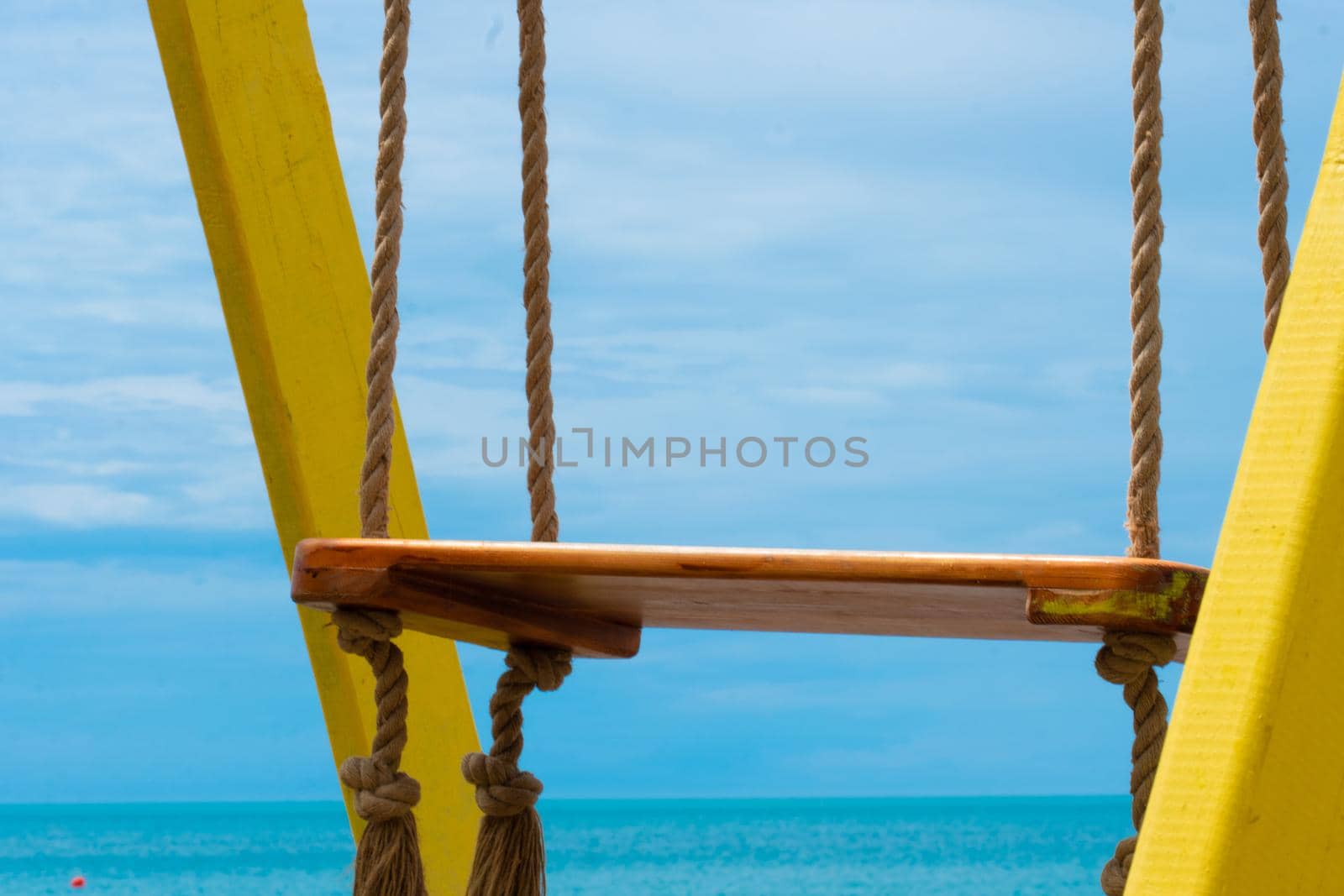 Swing space sea water wooden empty summer beach white sand, for relax blue from horizontal from tourism trip, tranquil swim. Copy horizon journey, shadow