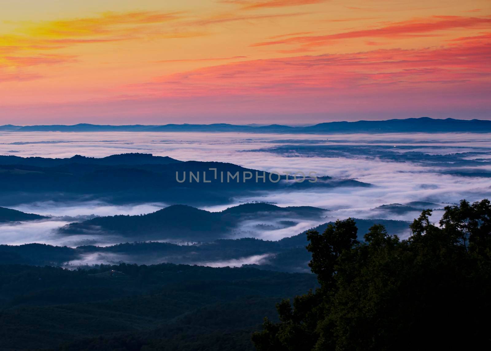 Predawn view of ocean-like clouds from atop the Blue Ridge Parkway in North Carolina.