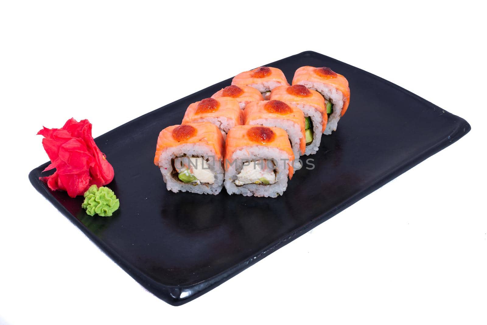 Japanese Cuisine - Sushi Roll with Shrimps and Conger, Avocado, Tobiko and Cheese. sushi rolls tempura,japanese food style