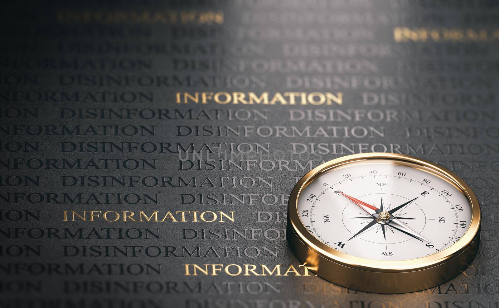 3d illustration of a compass over black and golden background with the words disinformation and information. Concept of finding good and credible sources.