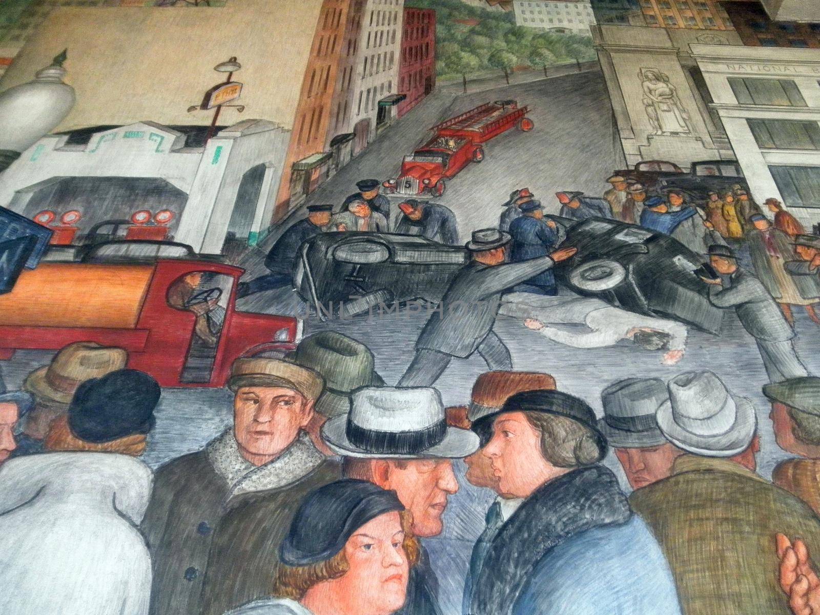 People direct and work on trains in Coit Tower Mural by EricGBVD