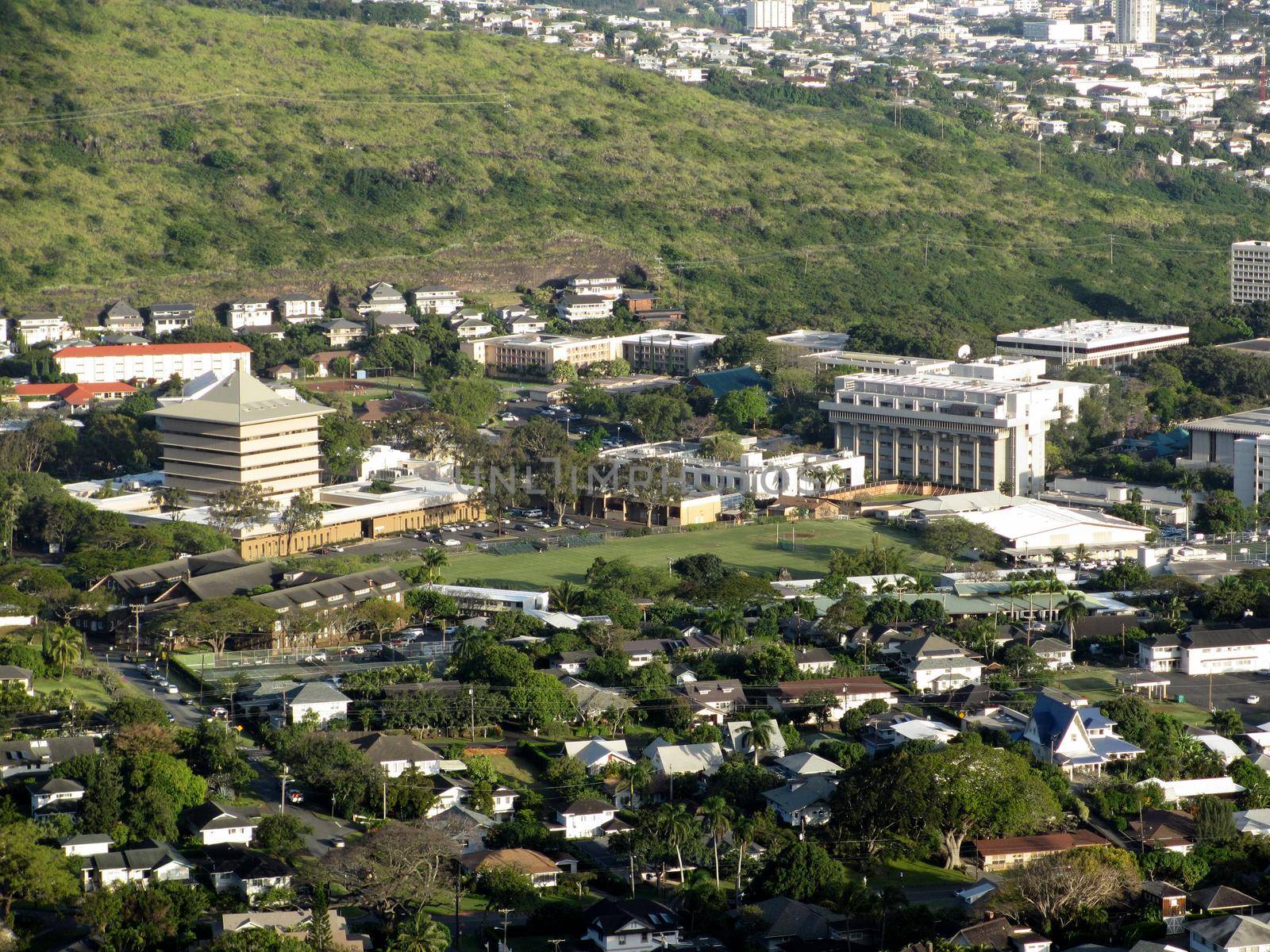 Honolulu - April 3, 2012: Aerial view of Landmark Mid Pacific institute, University of Hawaii, and surround neighborhood in Manoa in Honolulu, Hawaii.