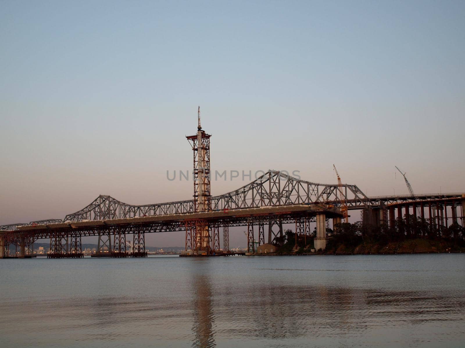 Half finished new Bay Bridge tower at dusk near San Francisco, California.