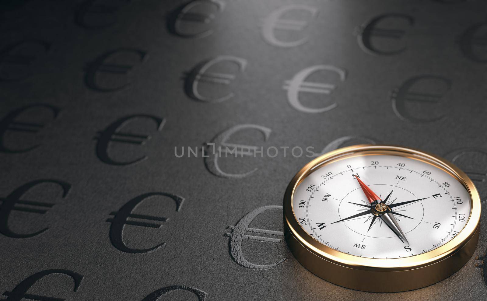 Golden compass over black background with euro symbol and copy space. Concept of asset management and financial services. 3D illustration.