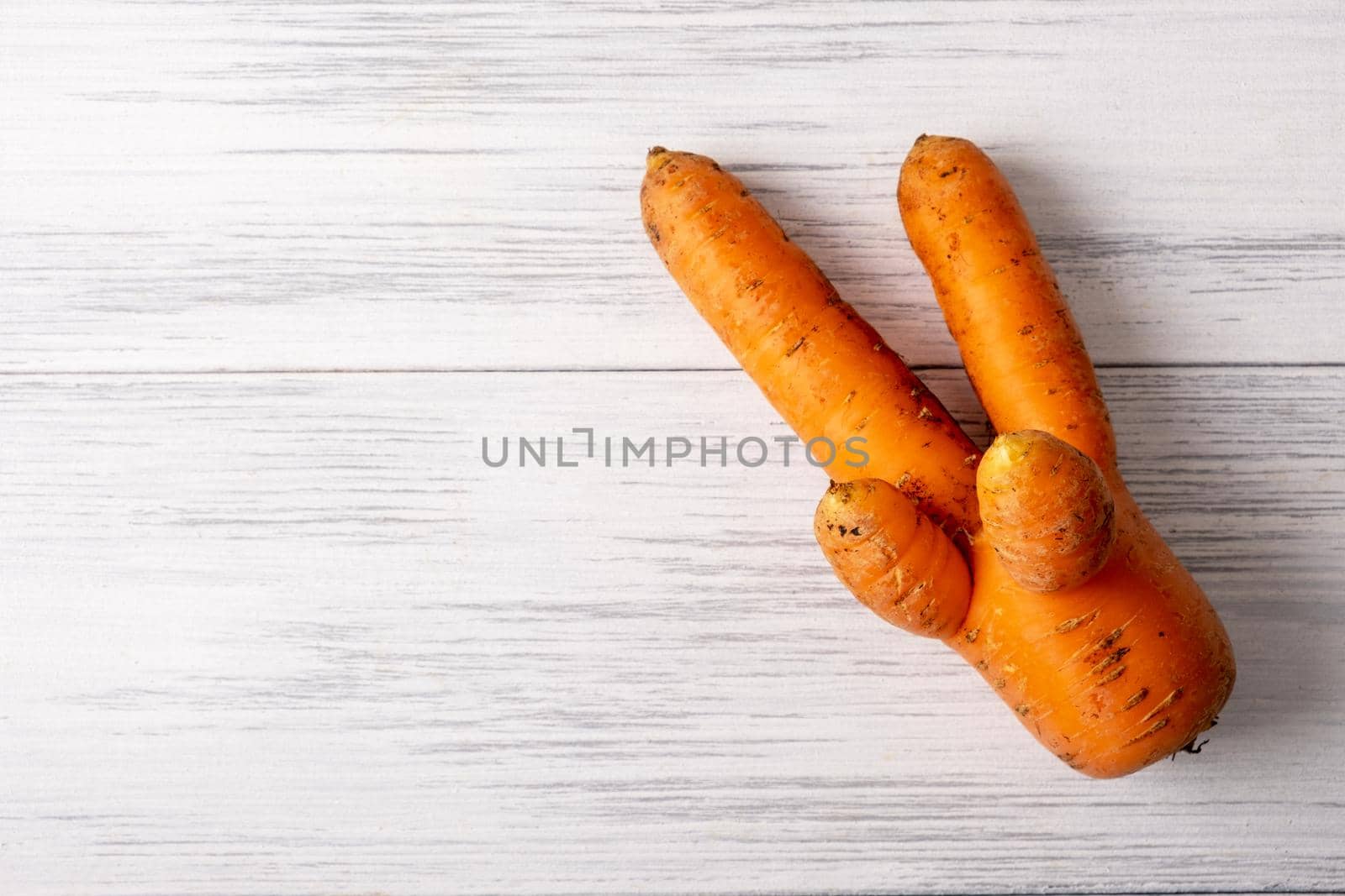 Top view close-up of ripe orange ugly carrots lie on a light wooden surface with copy space for text. Selective focus.