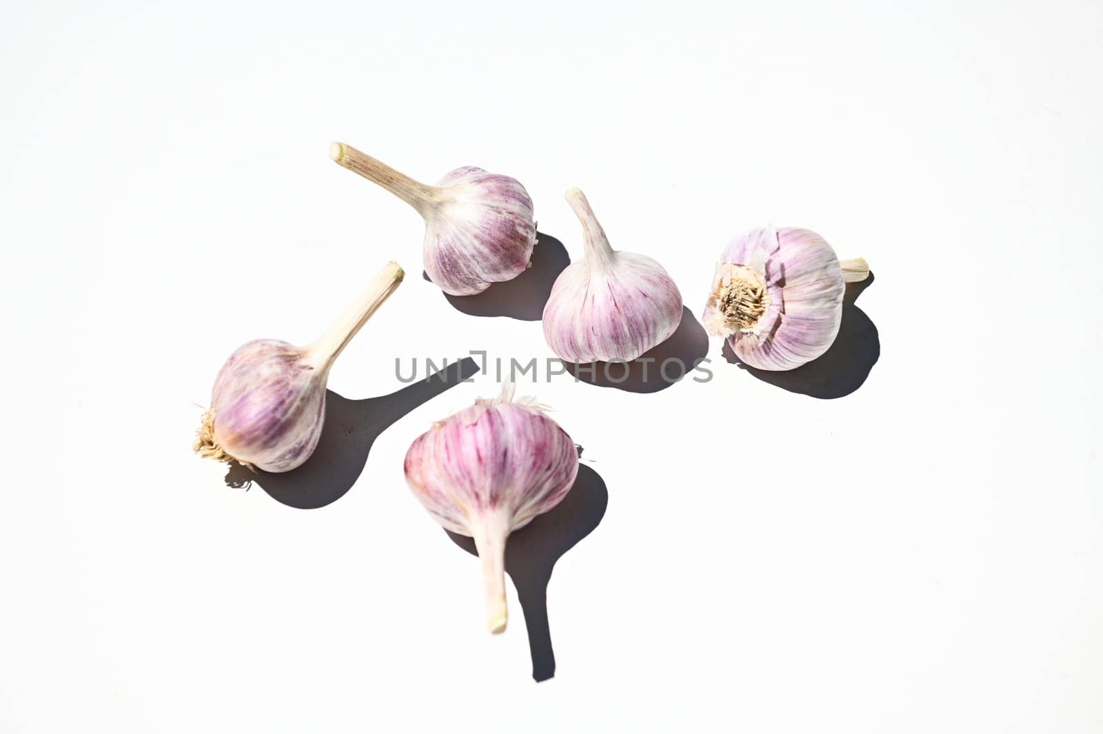 Flay lay of composition of three raw garlic heads, isolated on white background with copy space for advertising text. Web banner. Horizontal studio shot