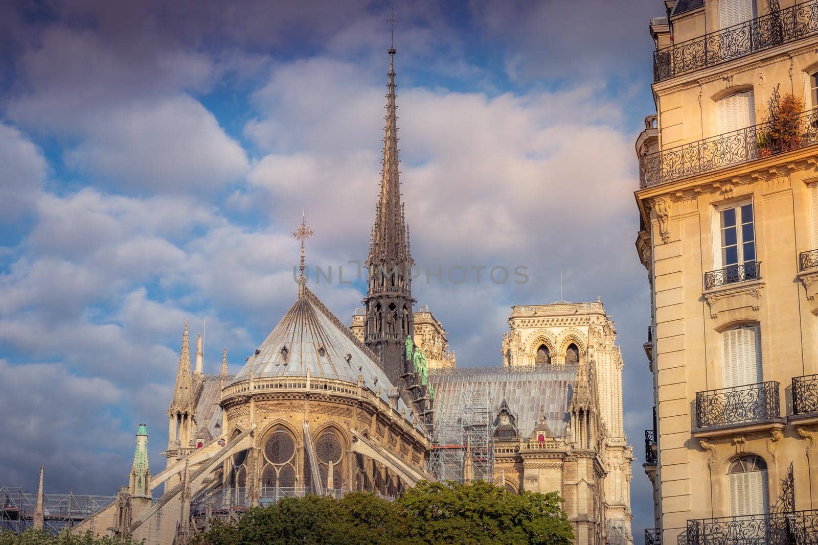Notre Dame of Paris spire, columns and archs, back view details, France