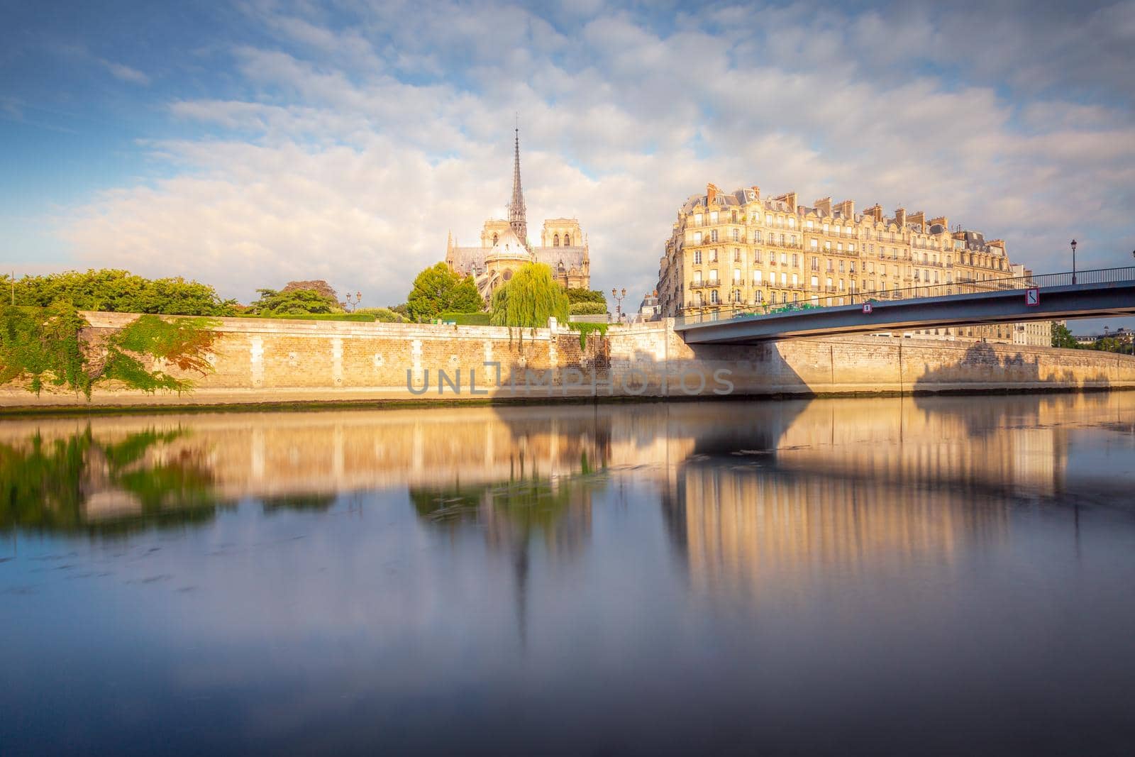 Notre Dame of Paris on Seine River back view at peaceful sunrise, France