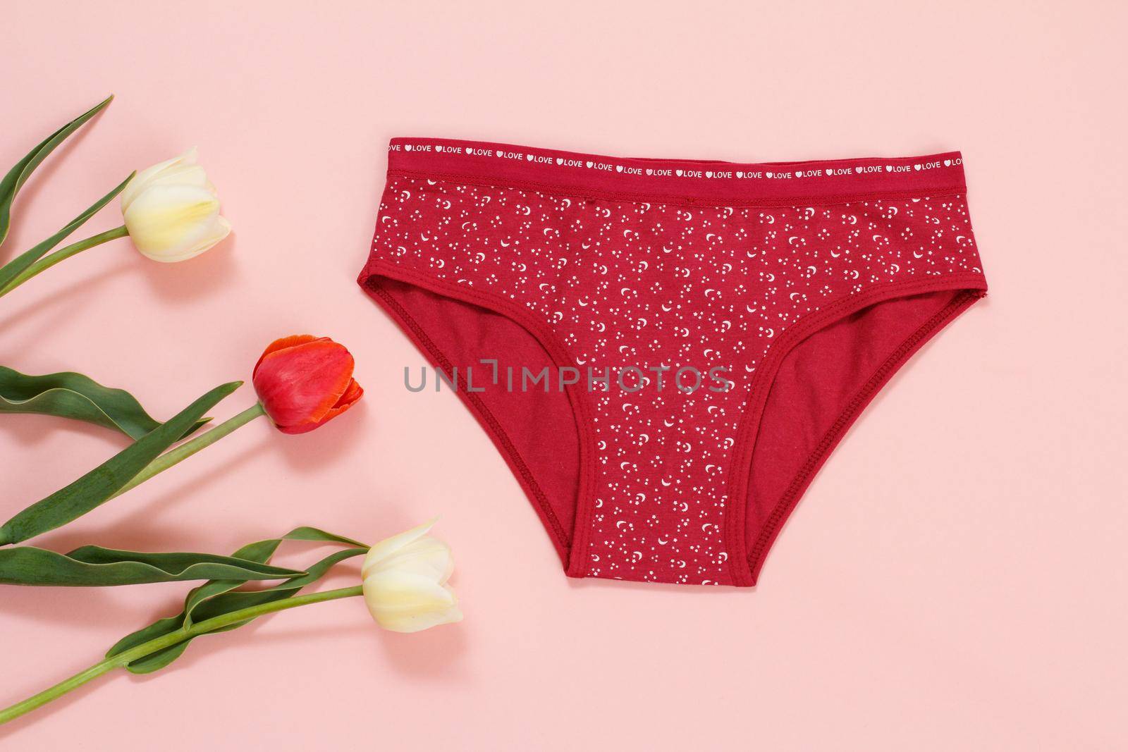 Red cotton panties with tulip flowers on a pink background. Woman underwear set. Top view.