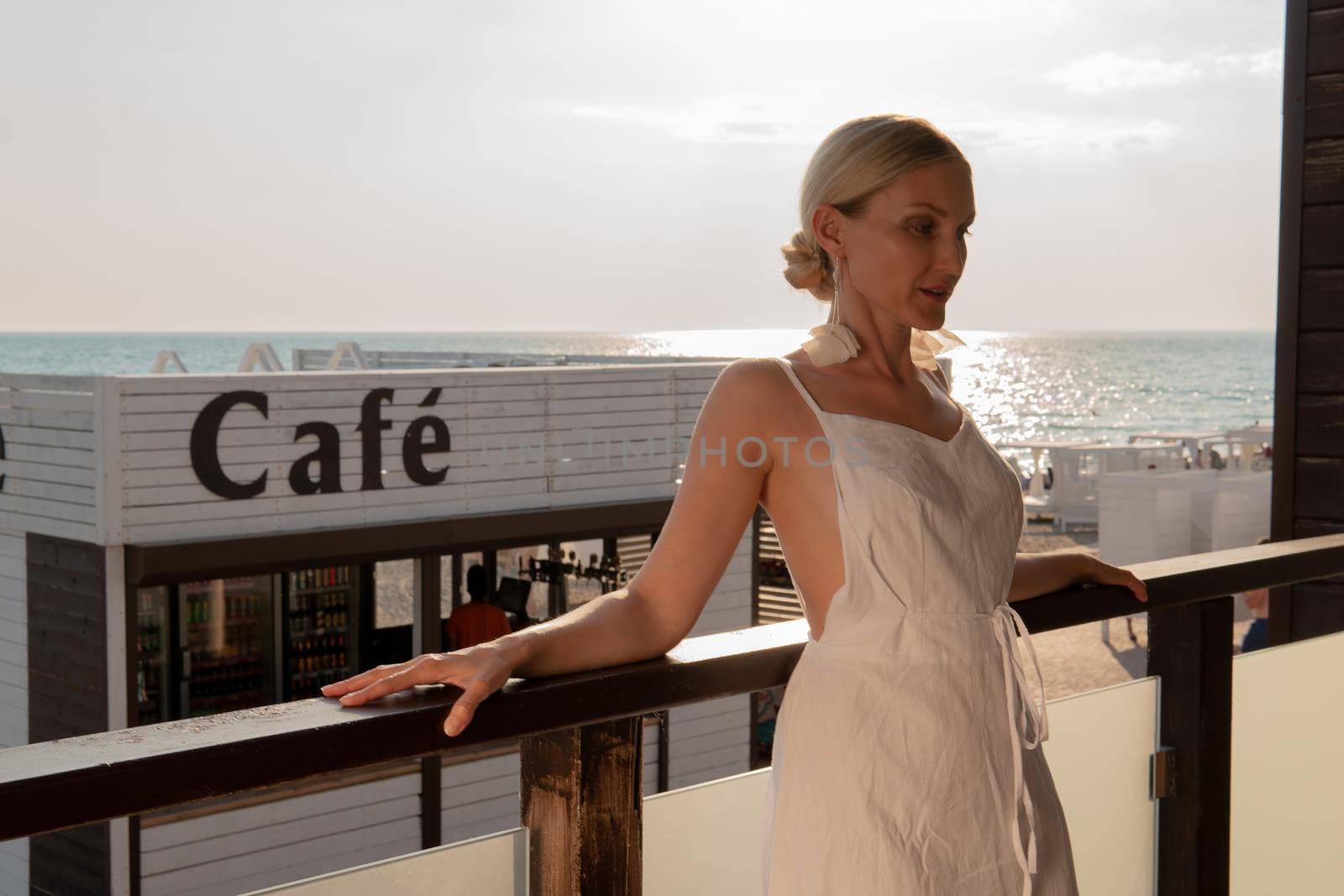 Sea Cafe view window mediterranean coast sorrento open room travel balcony, concept woman girl for people from happy water, relax leisure. Tourism freedom outdoor, one