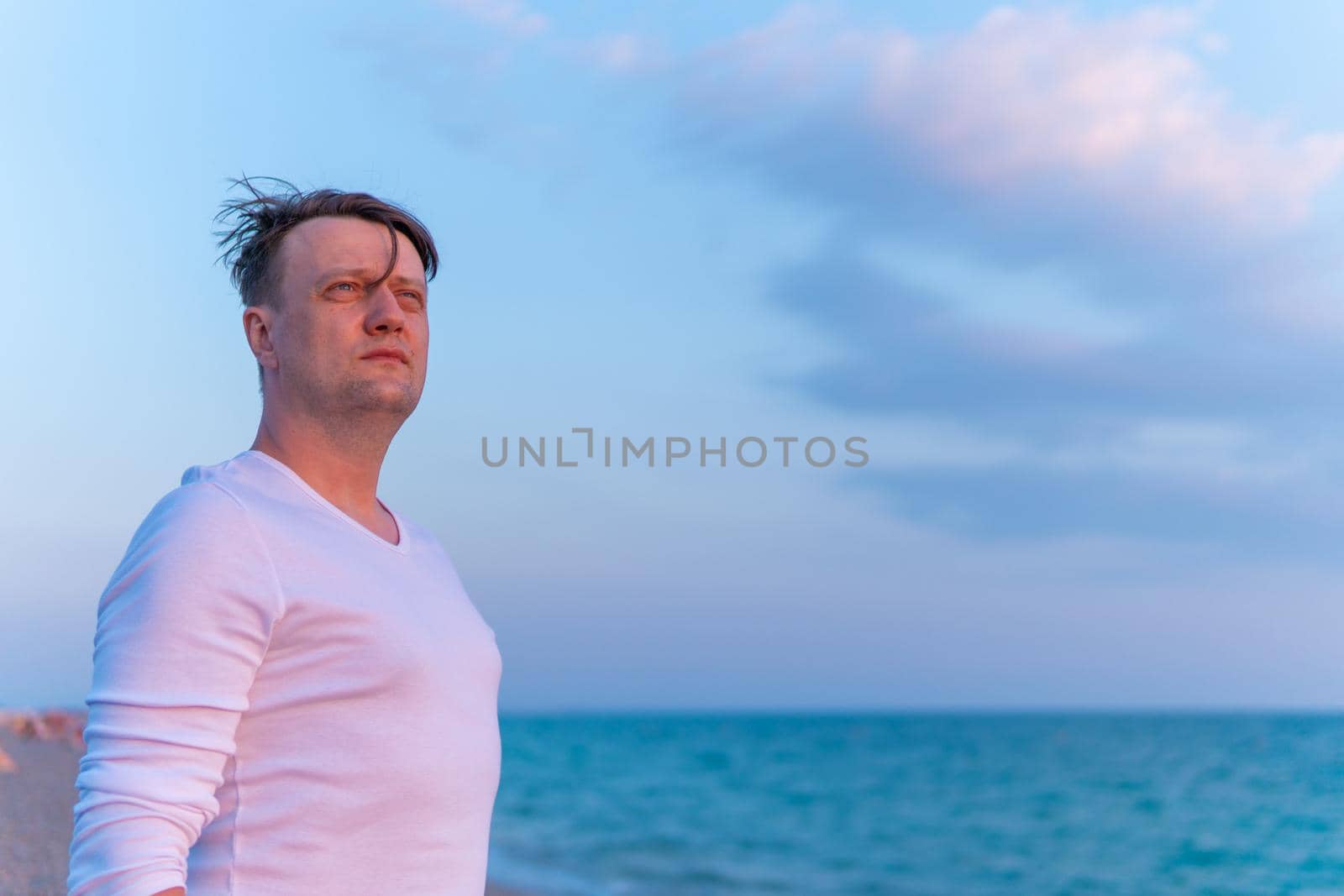 Sea portrait beach young guy happy taking millennial backpack youth, for outside people from student from phone adventure, lifestyle mobile. Smile water empty,