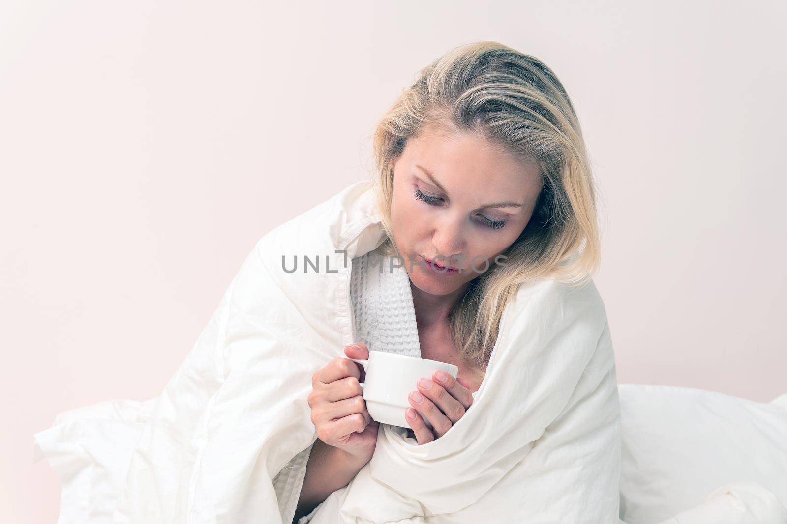 Cold coffee beauty bed cell blanket spa copyspace bathrobe body, from untying unrecognizable for home for wellness caucasian, lifestyle robe. Happy interior american, positive