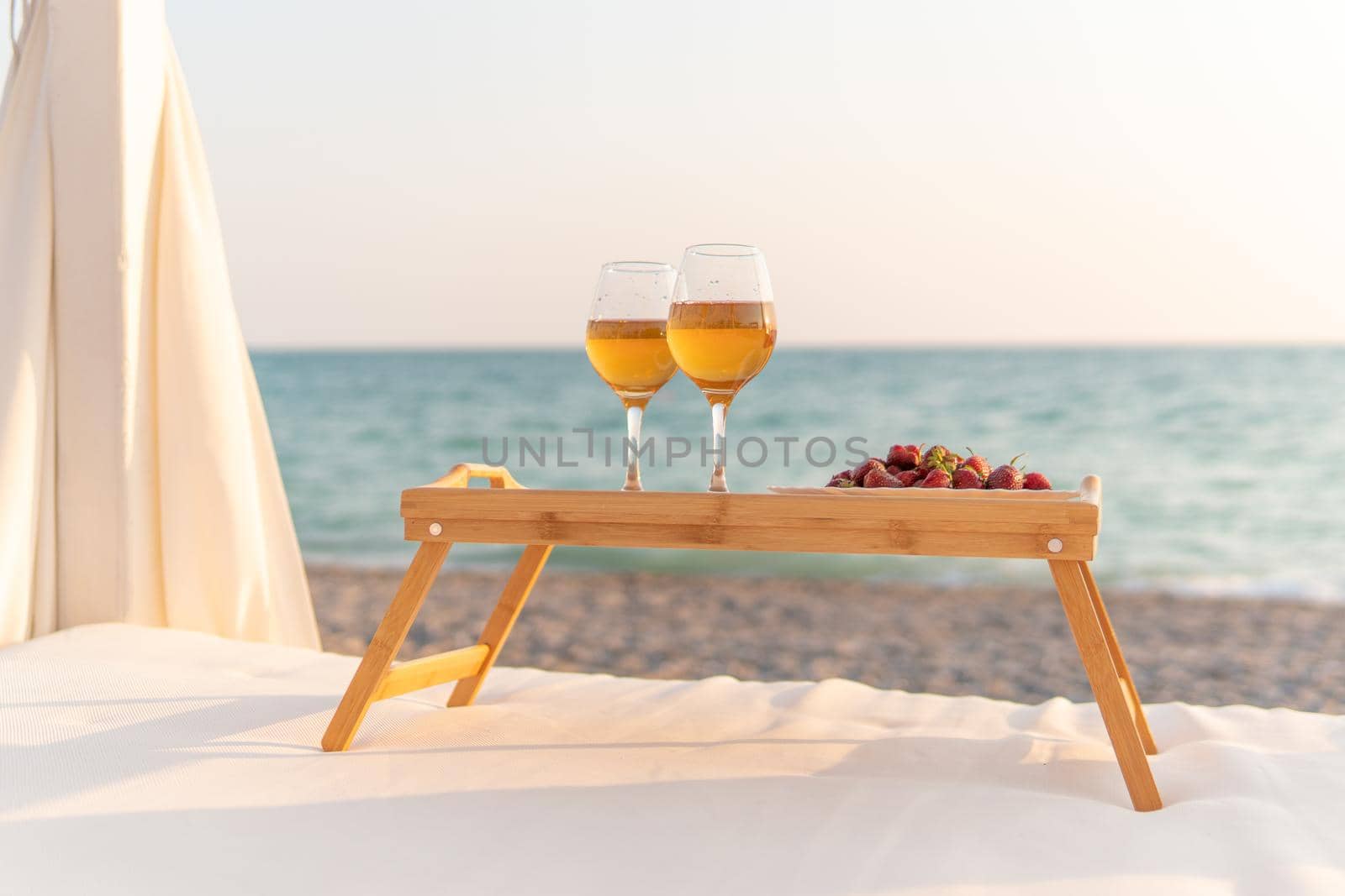 Wine sea two tray rest restaurant copyspace summer sunny day, concept glass background for vacation for nature tropical, celebration coast. View luxury relaxation,