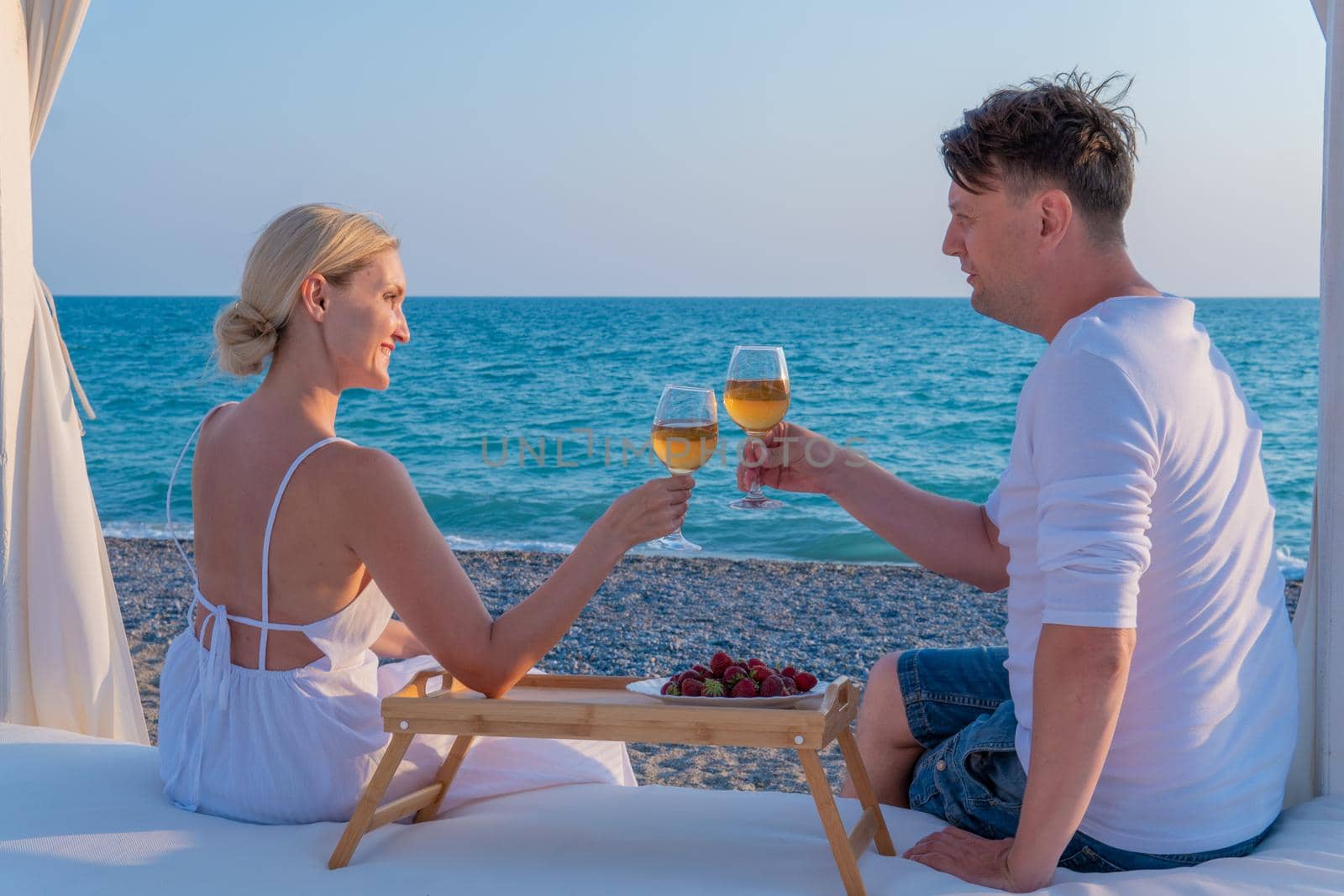Girl together sea romantic guy wine restaurant rest copyspace rose, concept sunny drink for alcohol and ocean landscape, tropical party. Wineglass sunset weekend, by 89167702191