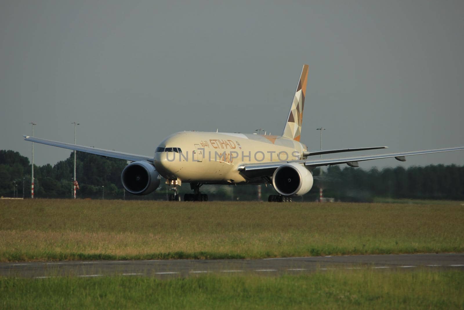 Amsterdam, the Netherlands  -  June 2nd, 2017: A6-DDE Etihad Airways Boeing 777F taking off from Polderbaan Runway Amsterdam Airport Schiphol