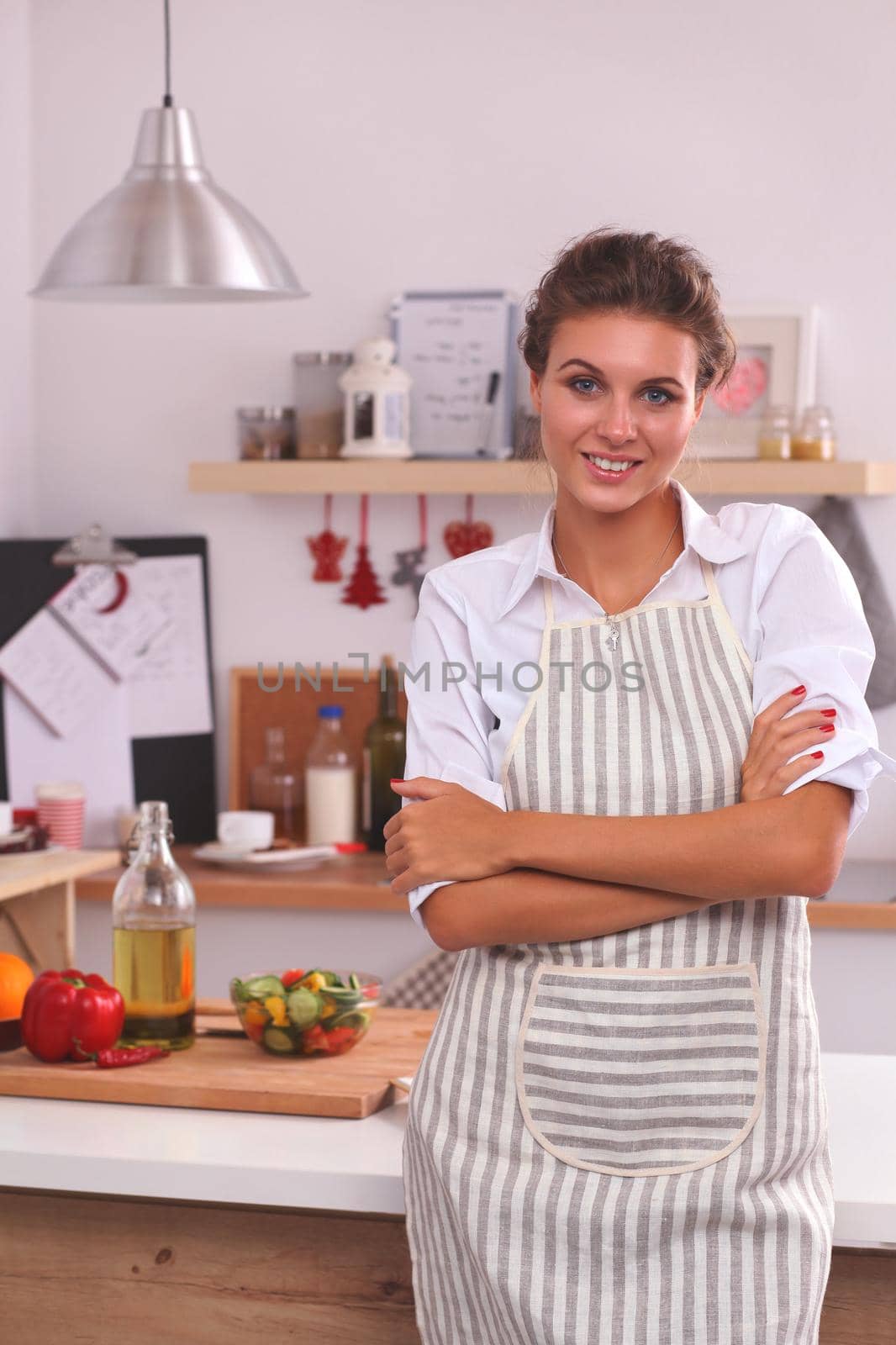 Smiling woman in the kitchen, isolated on christmas background