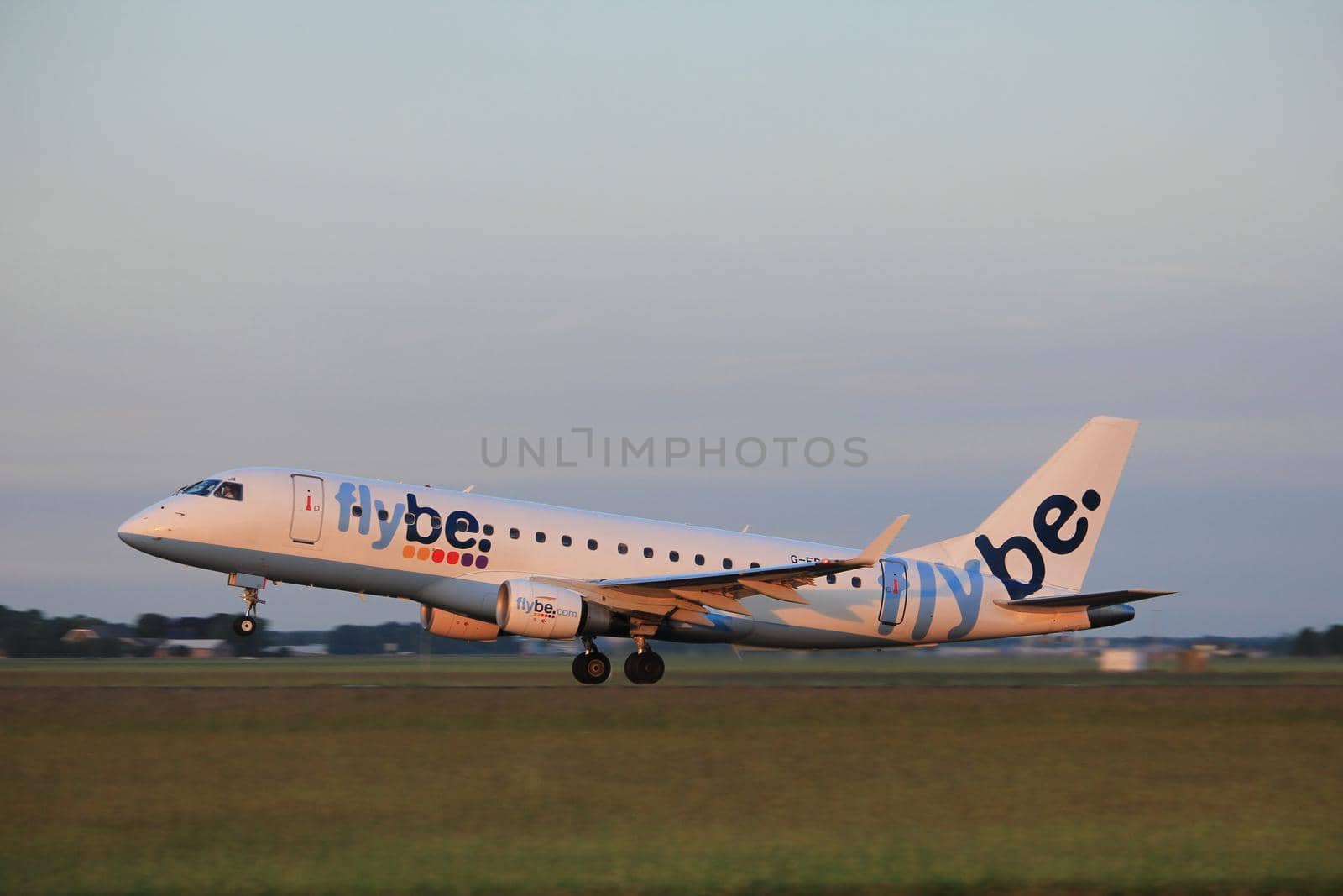 Amsterdam, the Netherlands  - June 1st, 2017: G-FBJA Flybe Embraer ERJ-175STD taking off from Polderbaan Runway Amsterdam Airport Schiphol