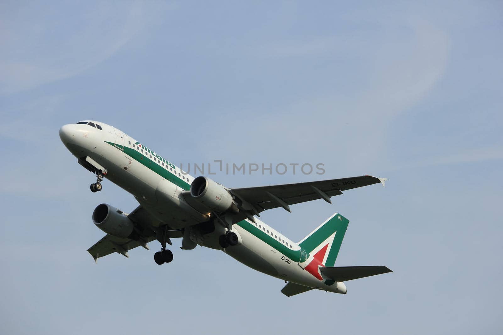 Amsterdam, the Netherlands  -  June 2nd, 2017: EI-IKU Alitalia Airbus A320-200 taking off from Polderbaan Runway Amsterdam Airport Schiphol