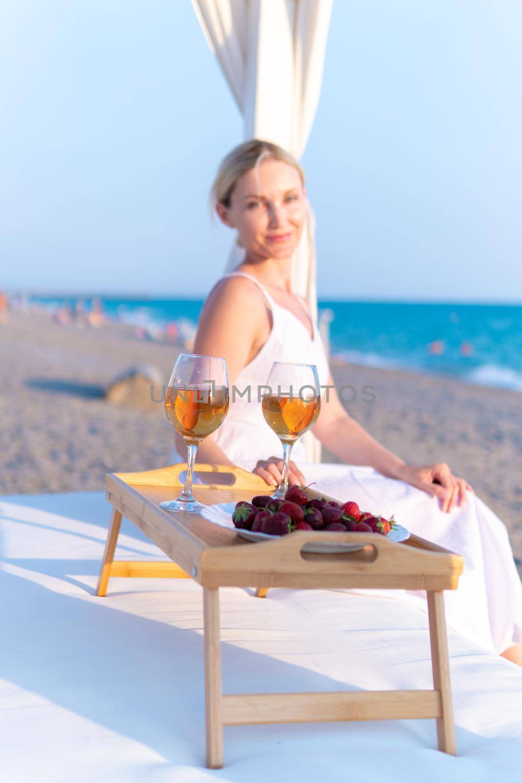 Girl sea tray restaurant wine rest two copyspace beach sunny, concept provence glass for relax from picnic water, celebration wineglass. View sunset table, by 89167702191