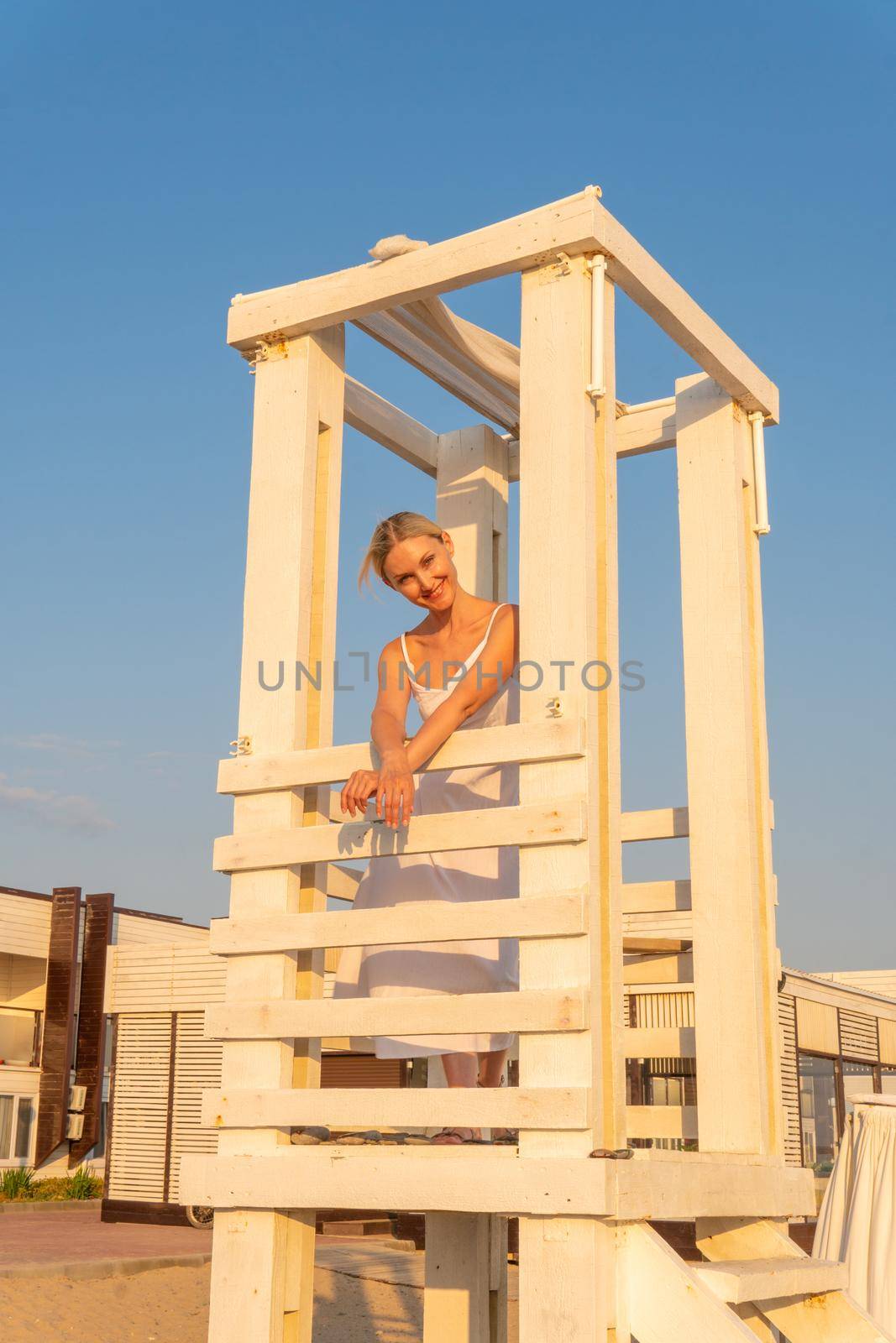 Model paradise sunrise life lifeguard tower beach ocean safety sand, from tourism sea from travel for water emergency, australia seat. Background chair lifesaver,