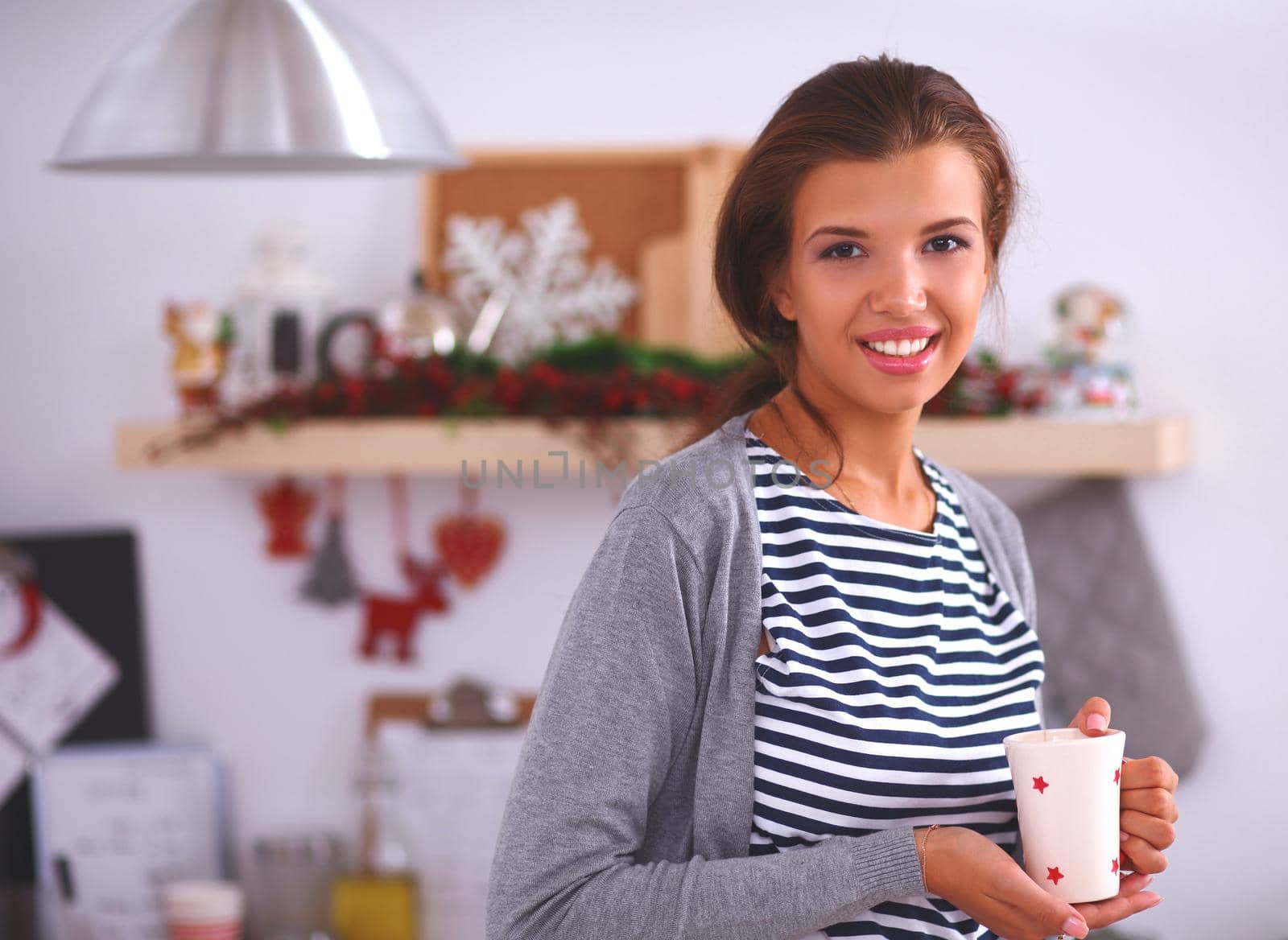 Smiling woman in the kitchen, isolated on christmas background